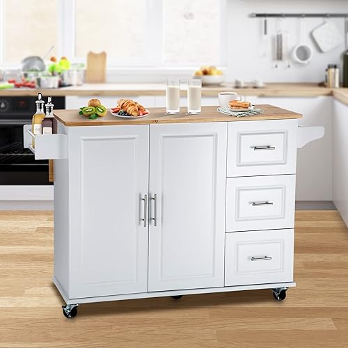 Unovivy Isla de cocina grande con almacenamiento, carrito de cocina con ruedas con 2 cajones grandes, estante interior ajustable, estante de