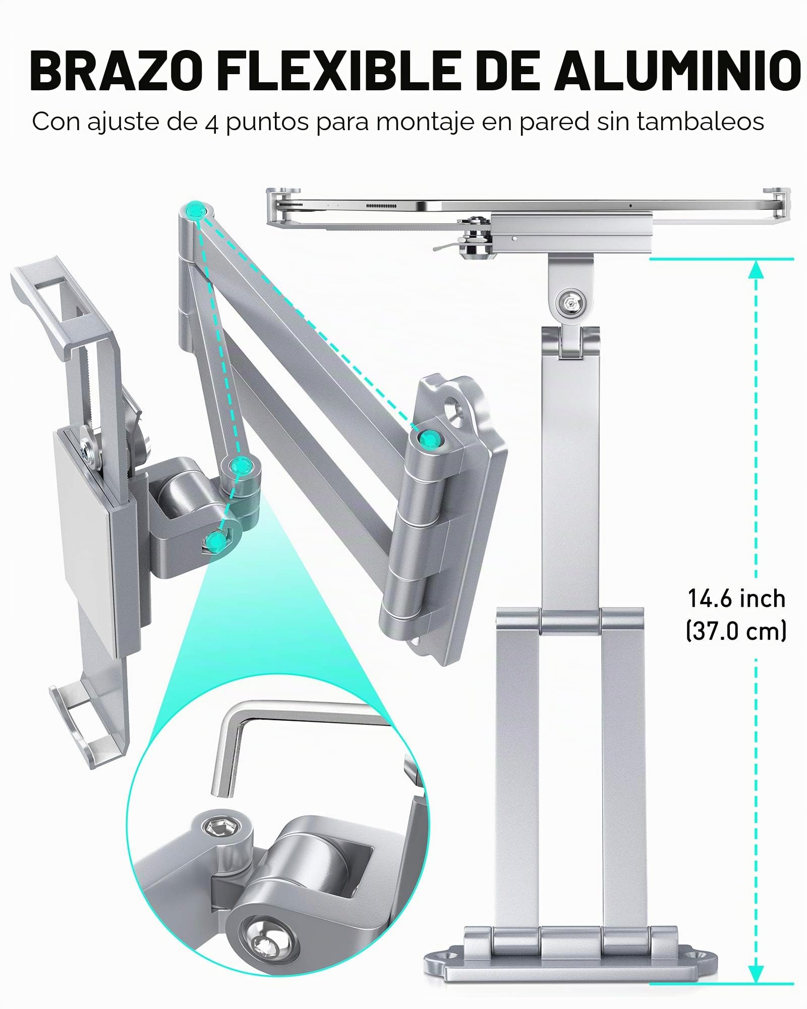 AboveTEK Soporte de Pared para Tablet Antirrobo - Compatible con Tablets de 7 a 11 Pulgadas, Incluyendo iPad, Galaxy Tab, Slate, Fire y Más - Brazo Largo Articulado Ajustable con Rotación (Plata).