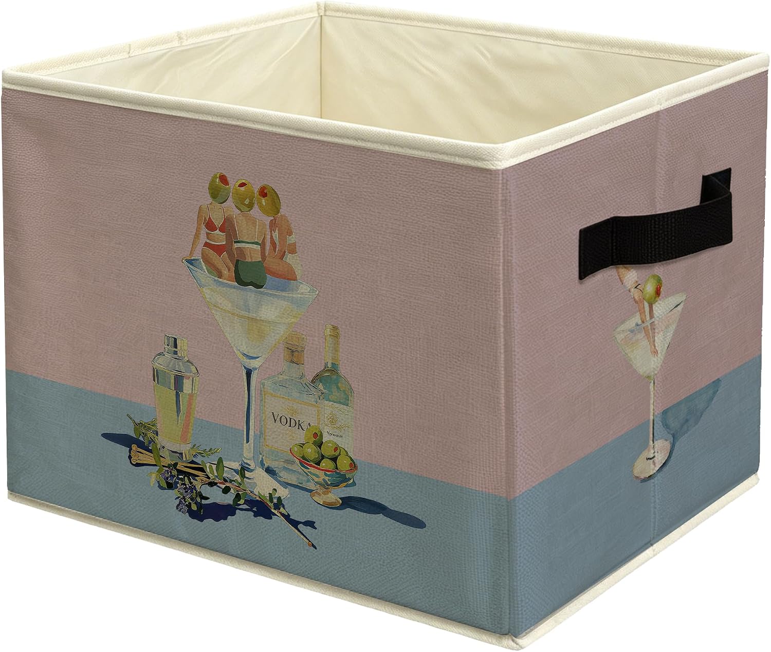 Funny Dirty Martini Bar Storage Basket Bin with Handles, Whimsical Pink and Blue Martini Collapsible Fabric Storage Organizer for Home Bar Cart Pub Lounge