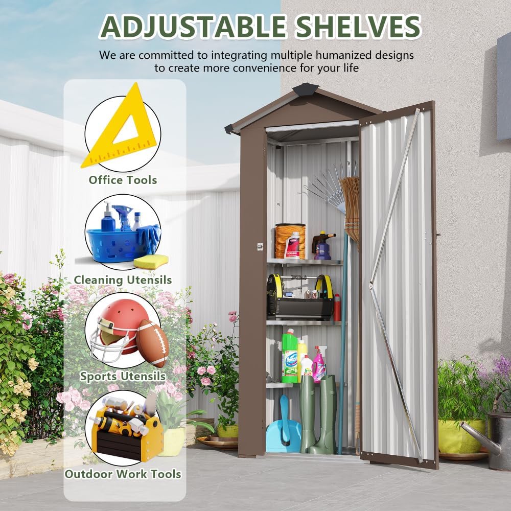 Durable Metal Outdoor Storage Shed for Garden Tools, Waterproof and Rust-Resistant Backyard Utility Locker with Lockable Door (Brown + Metal)
