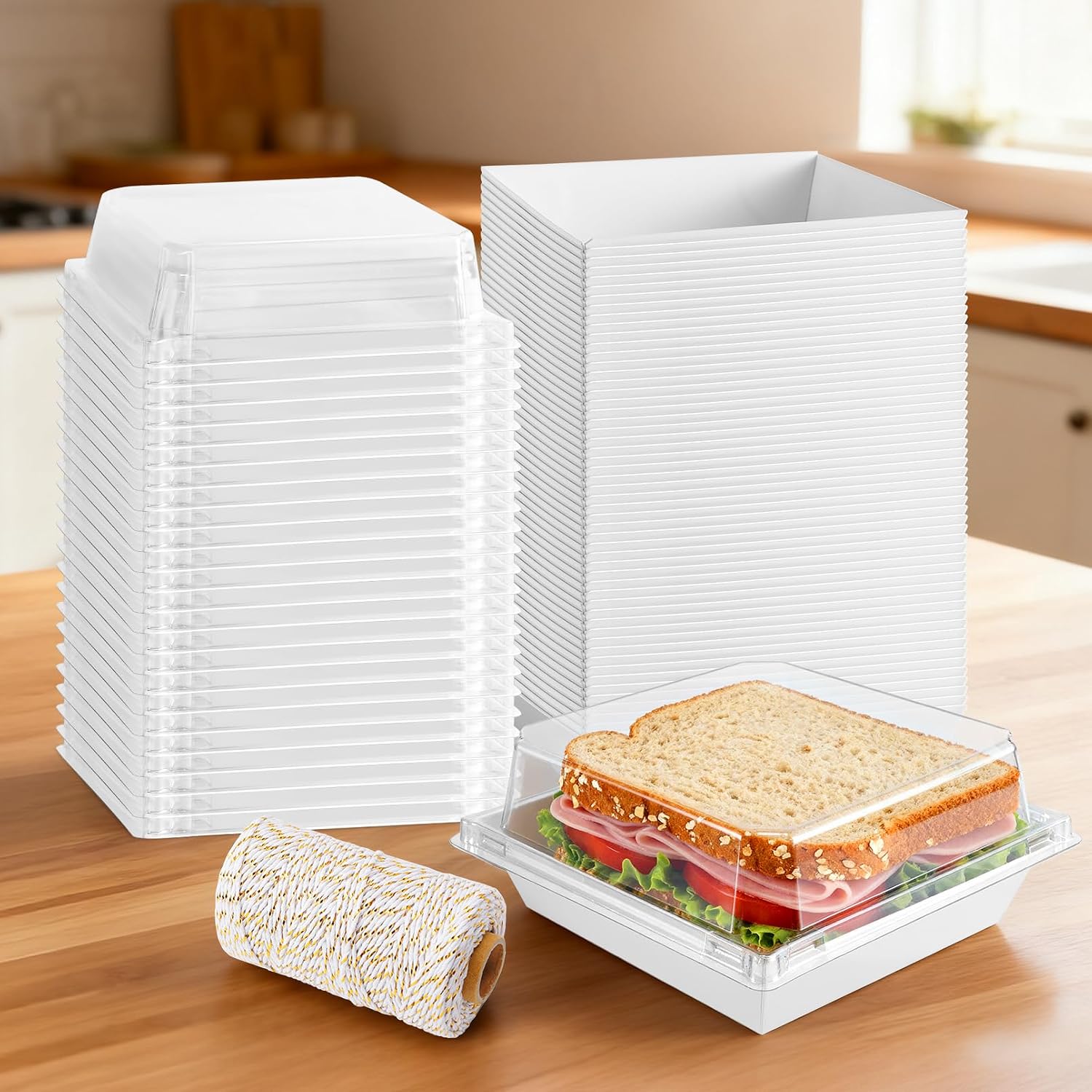 100Pack Charcuterie Boxes with Clear Lids,4.7 In Paper Bakery Boxes | Disposable Square Dessert Box with Rope, To Go Food Containers for Sandwich Cake Slice Cookies Dessert