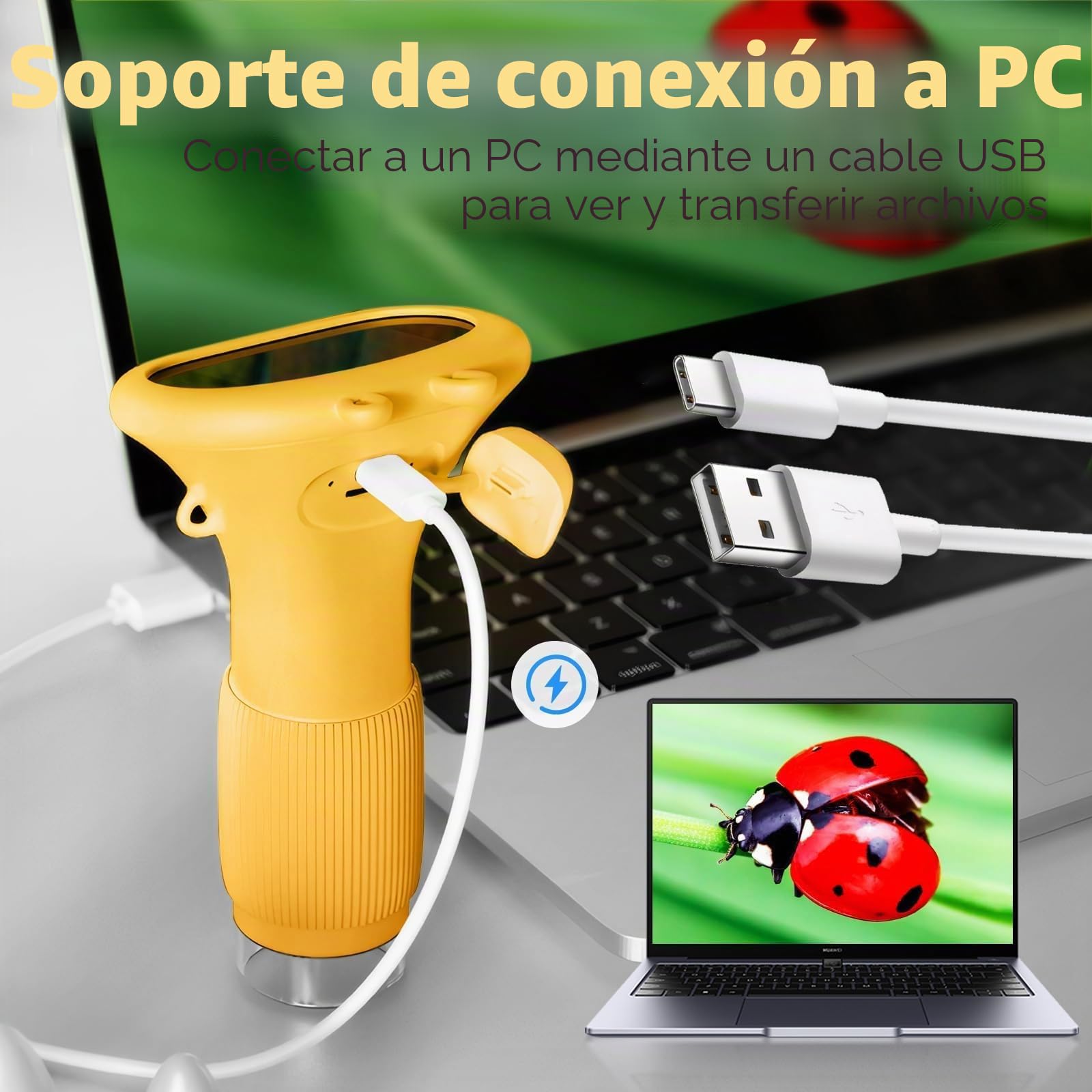 Microscopio Digital Niños con Pantalla IPS de 2.0'' y 8 Luces LED, 200x, Recargable, Portátil, 2MP y 200-1000X, Amarillo