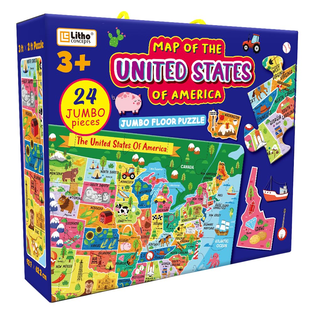 Discover The USA: Extra-Large 24-Piece Floor Puzzle for Kids - Educational Map of America, Colorful States and Landmarks, Ideal for Learning Geography - Fun, Interactive, and Durable Jumbo Puzzle
