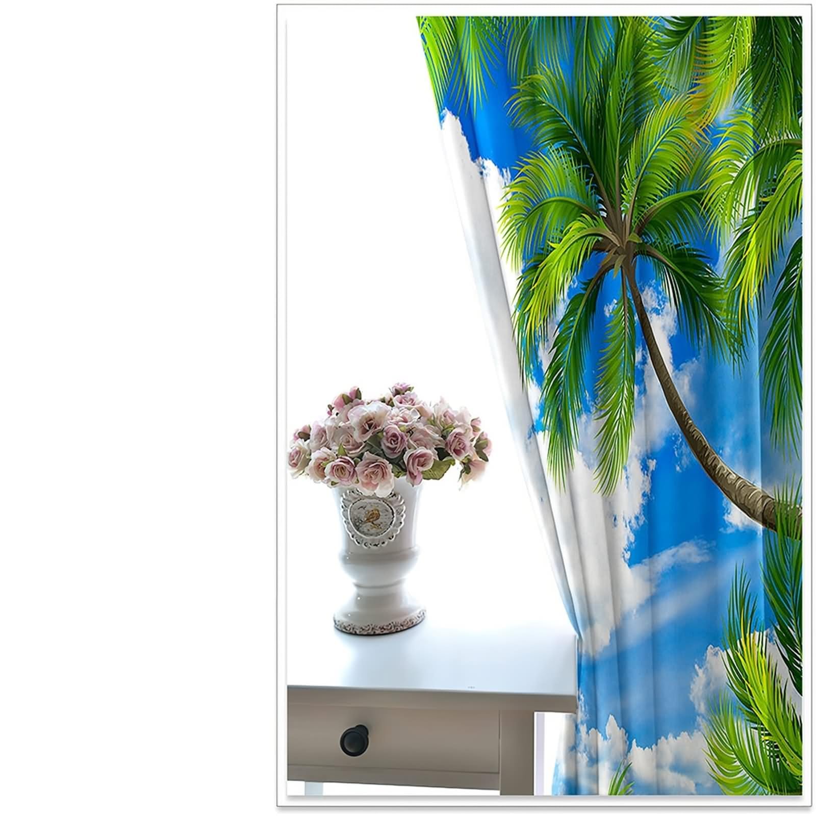 Kit de cortina de salón, cortina de salón, pequeña ventana, azul, verde, paisaje de palmeras y cielos y nubes, poliéster, juego de 2 468 x 214 cm
