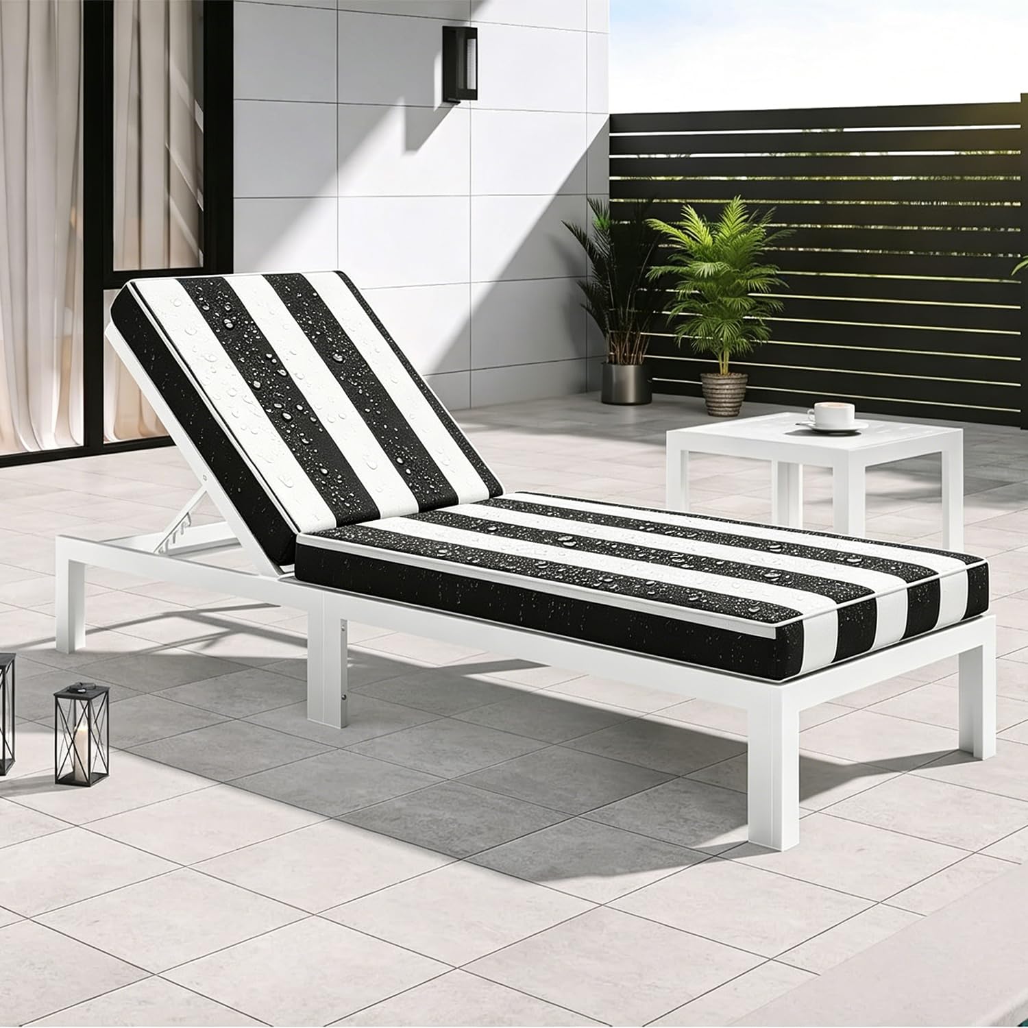 Coussin de Chaise Longue Rayé Imperméable, Bain de Soleil Pliable Épais, Sangles Antidérapantes pour Jardin, Terrasse, Plage et Salon