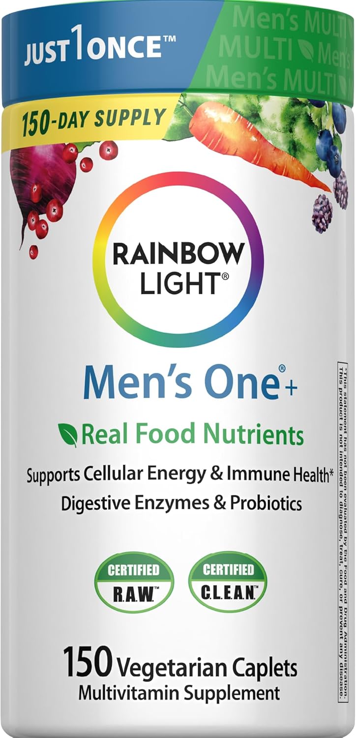 Rainbow Light Mens Multivitamin One + | 150 Caplets | Supports Cellular Energy &amp; Immune Health | with Vitamins C, D, and Zinc | Real Food Nutrients, Digestive Enzymes &amp; Probiotics