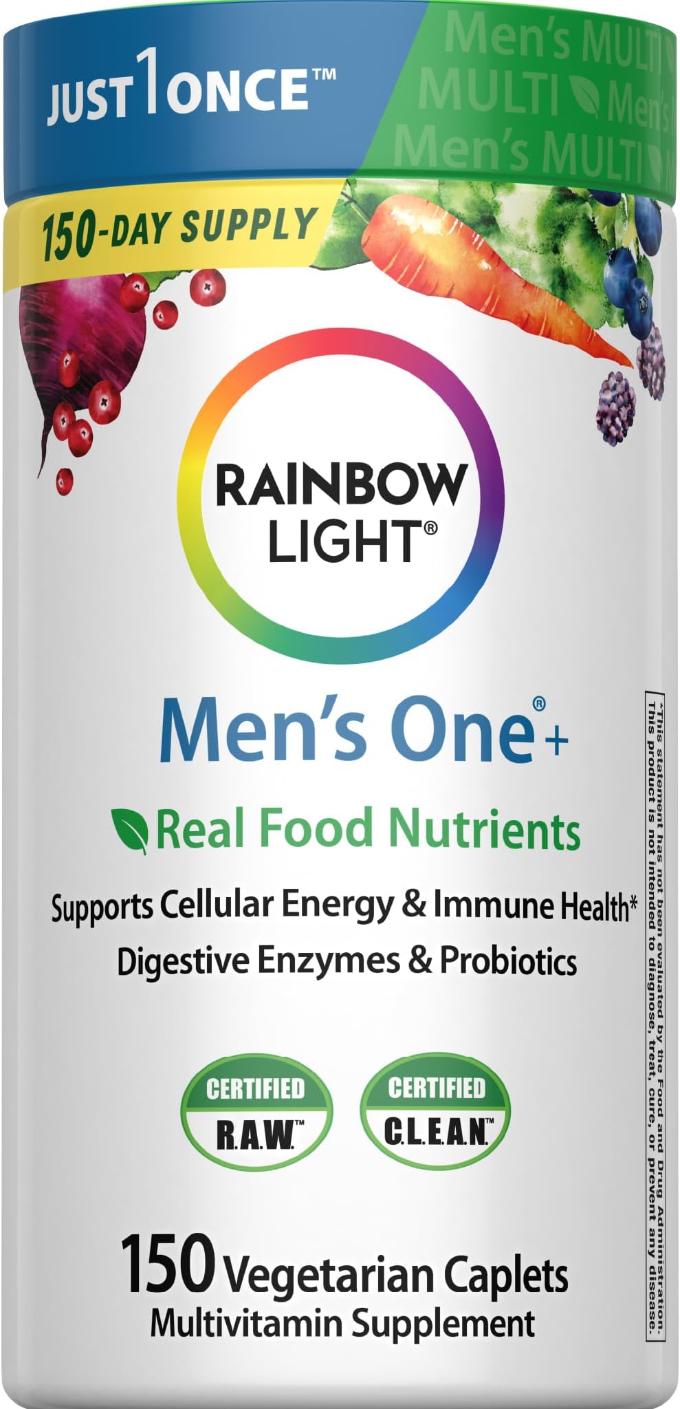 Mens Multivitamin One + | 150 Caplets | Supports Cellular Energy & Immune Health | with Vitamins C, D, and Zinc | Real Food Nutrients, Digestive Enzymes & Probiotics