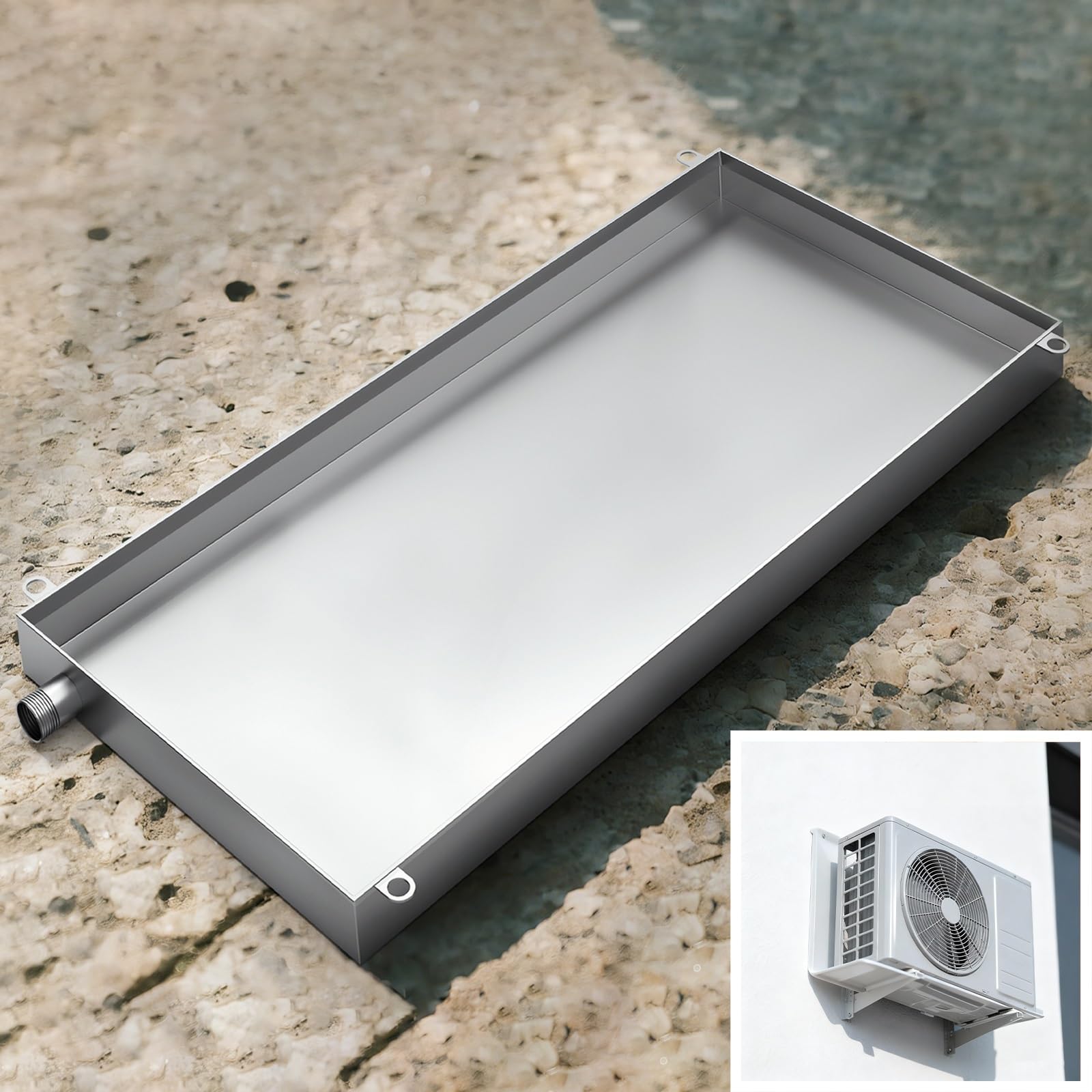 Bandeja de goteo de acero inoxidable 304 para acondicionadores de aire, diseño soldado sin costuras con manguera Dr de 40 x 150 x 4 cm / 16x59x1.6in, eficiente ideal para unidades al aire libre