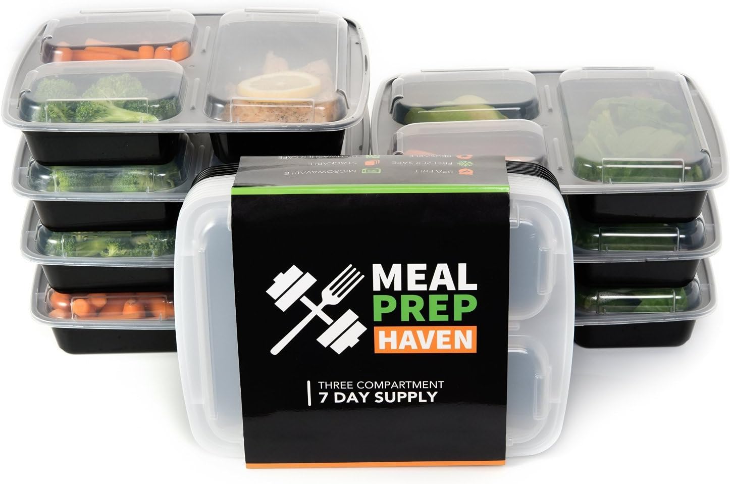 Reusable 3 Compartment Food Containers Meal Prep Bento Lunch Box (7 Pack) includes spoon, fork, knife, napkin (cutlery set)