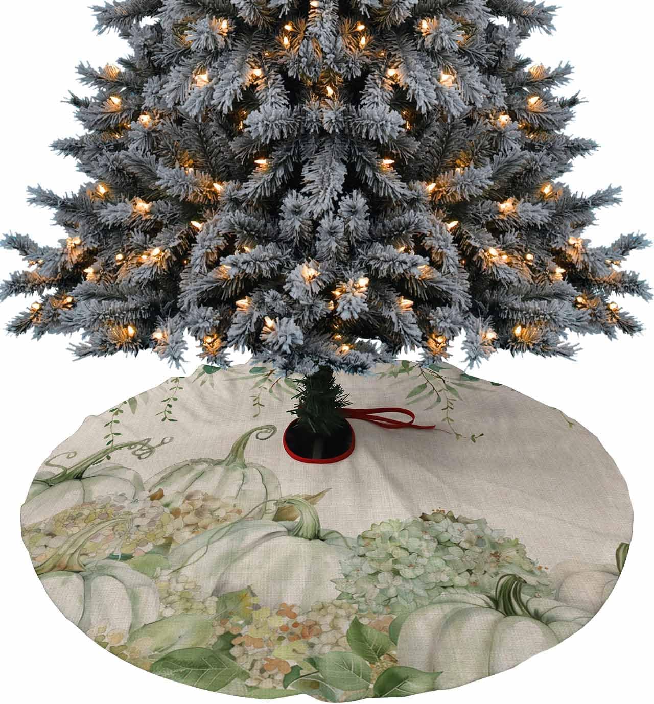 DecorLoveeChristmas Tree Skirt, Fall Sage Green Pumpkins Christmas Tree Skirts Ornaments Décor, Thanksgiving Maple Leaf Rustic Xmas Tree Skirt Mat Decorations for Party Indoor Outdoor 48 Inch