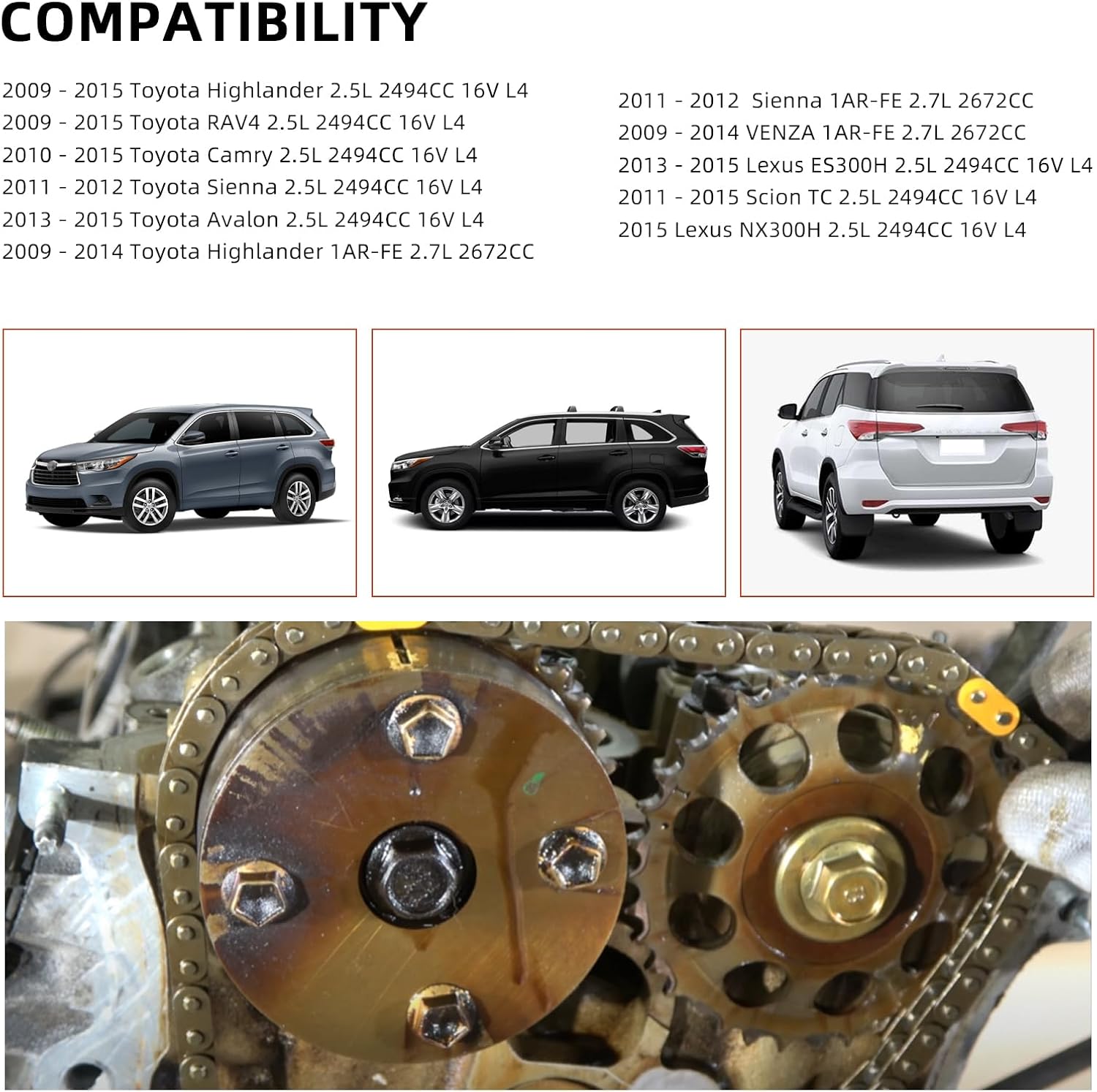 13506-36010 Timing Chain Kit VVT Compatible with 2009-2015 Toyota Camry Highlander RAV4 Avalon VENZA 2.5L 2.7 Engine