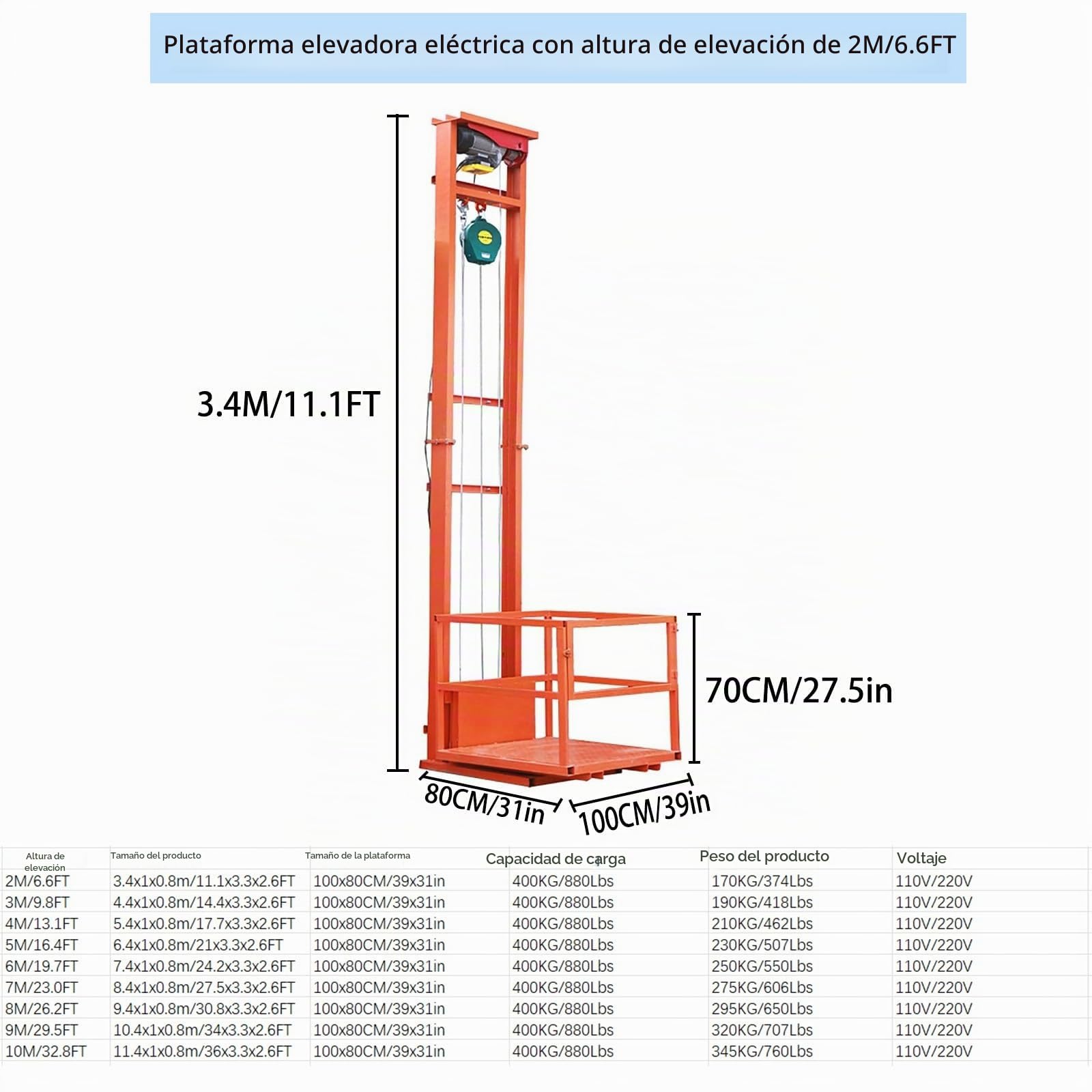 Elevador de carga, plataforma de elevación eléctrica de 400 kg con control remoto, montaje en pared, apto para almacenes y fábricas, altura de elevación 3M