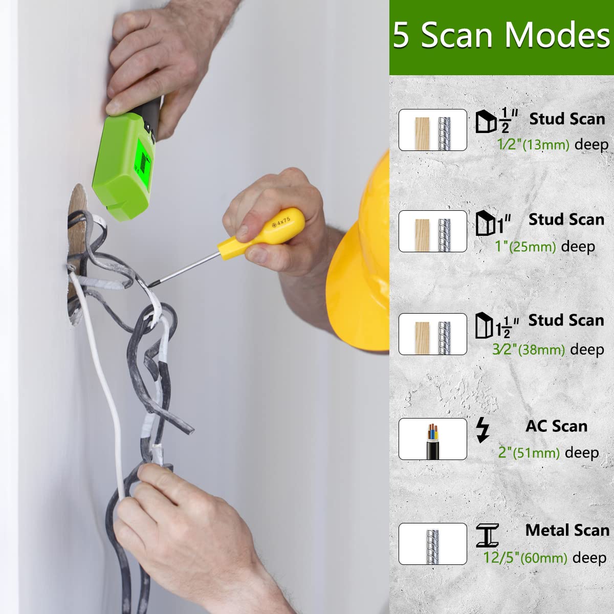 Visual guide to the five scanning modes of the Huepar SF01, detailing detection depths for Stud Scan (1/2 inch, 1 inch, 1 1/2 inch), AC Scan (2 inches), and Metal Scan (2 3/8 inches).