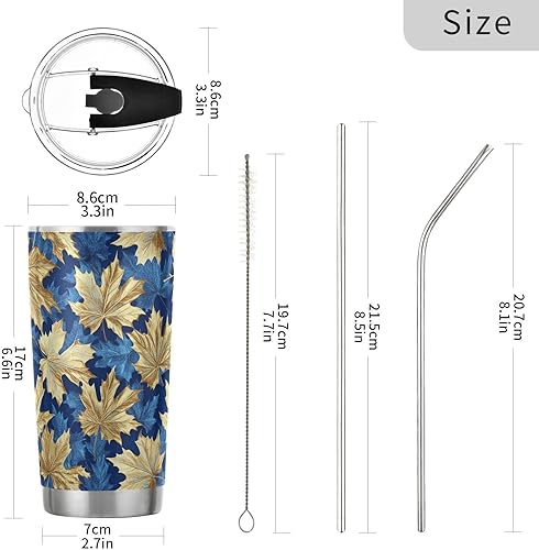 Miniatura 3 de Blue and gold vintage maple leaf Stainless Steel water bottle with straw with Straw Lid coffee mugs with lids for café safe 20oz coffee mug taza
