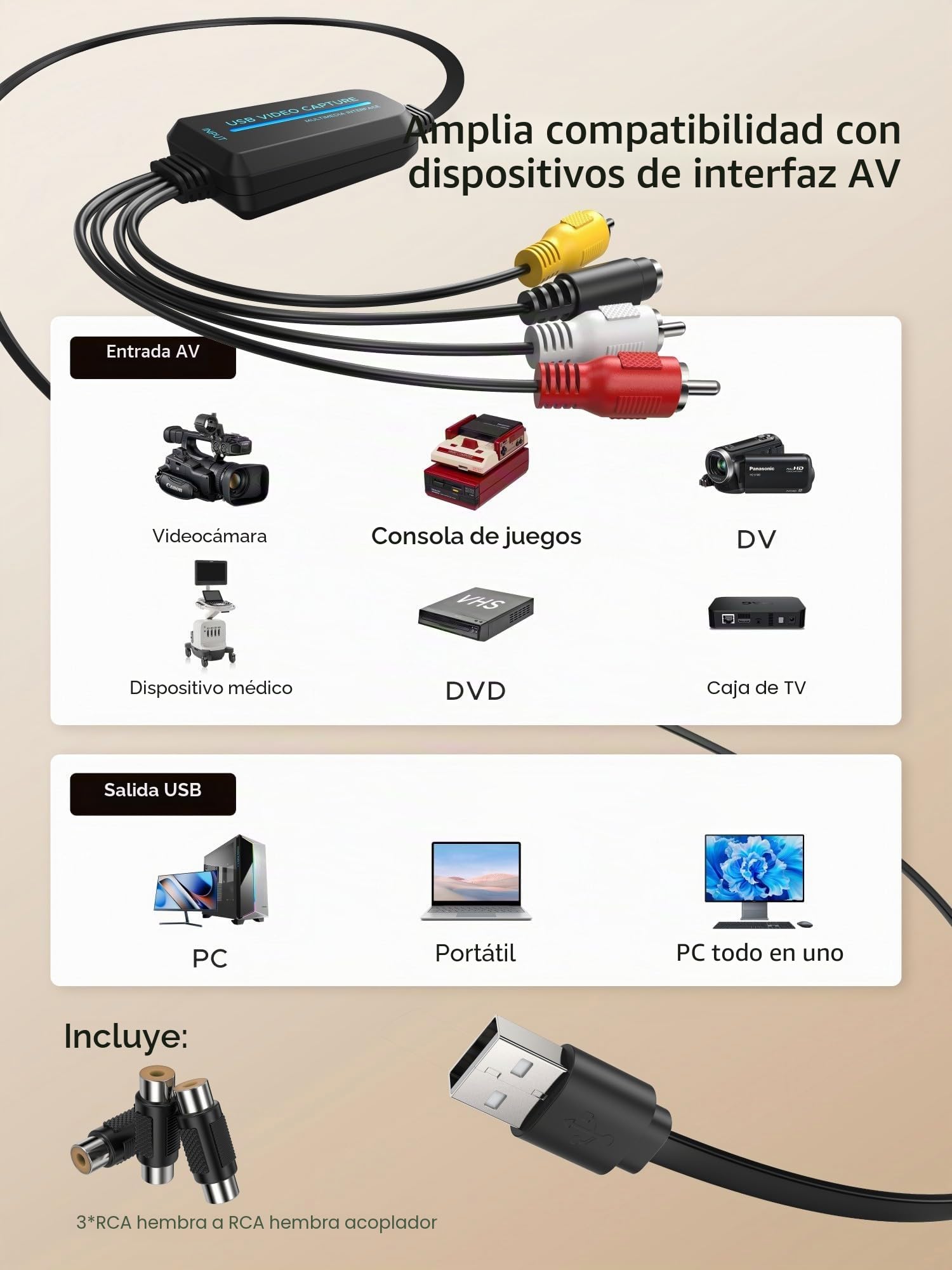 Convertidor VHS a Digital, Tarjeta de Captura USB 2.0 de 1080p, Convierte VHS, Mini DV, Hi8, DVD y VCR a Digital para Mac/Windows