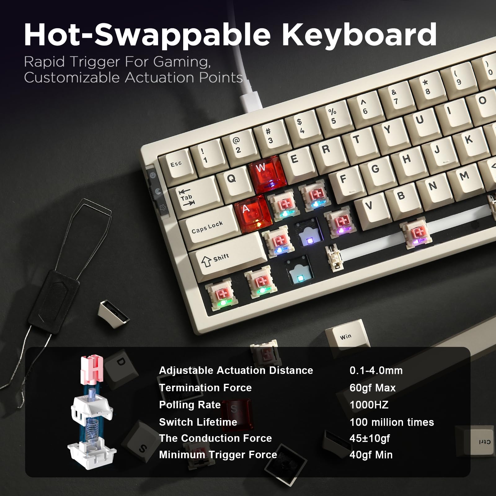 YUNZII RT68 Rapid Trigger Gaming Keyboard, Hall Effect Magnetic 68-Key Wired RGB Tastiera Hot Swapped PC Gaming Keyboard, tastiera meccanica regolabile Actuation TKL (bianco)