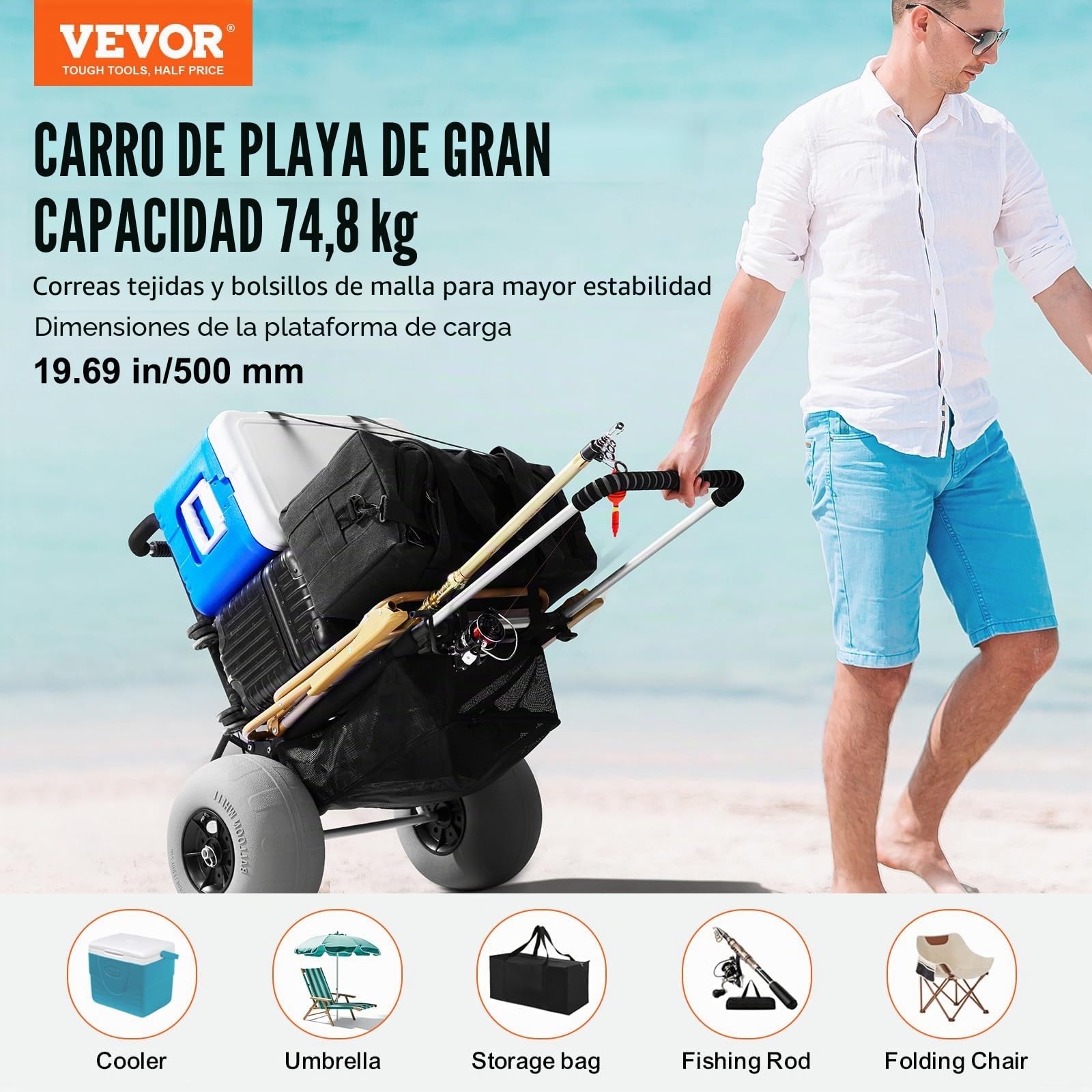 VEVOR Carrito de Playa con Ruedas Sólidas de PE Grandes para Arena, Plataforma de Carga de 760 x 390 mm, Carro de Arena Plegable, Carro Resistente para pícnica, Camp, Pesca, Playa, Jardinería