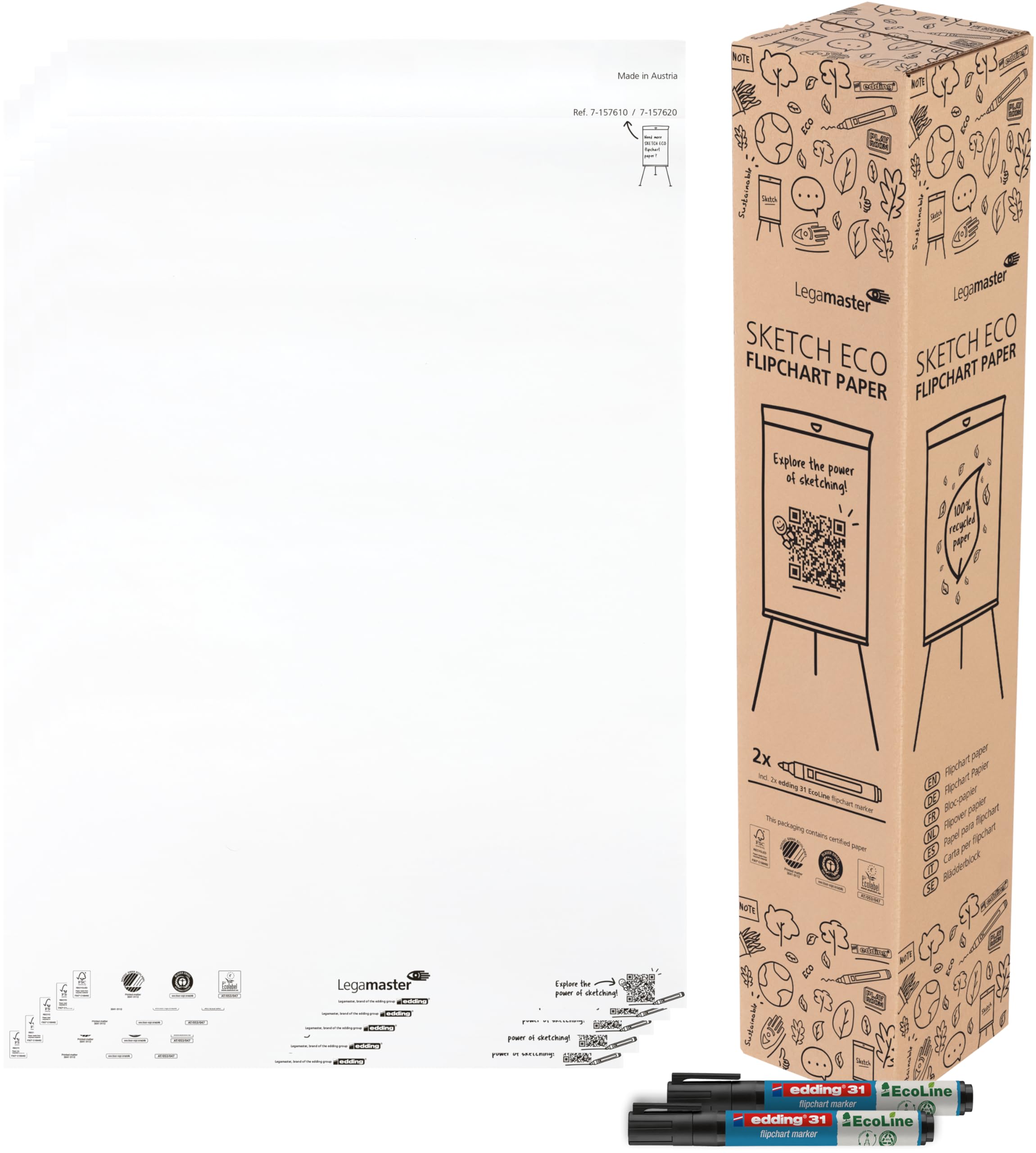 Legamaster SKETCH ECO Flipchart Papierblock blanko, 5x 20 Blatt, inkl. 2 edding 31 EcoLine Flipchart-Marker