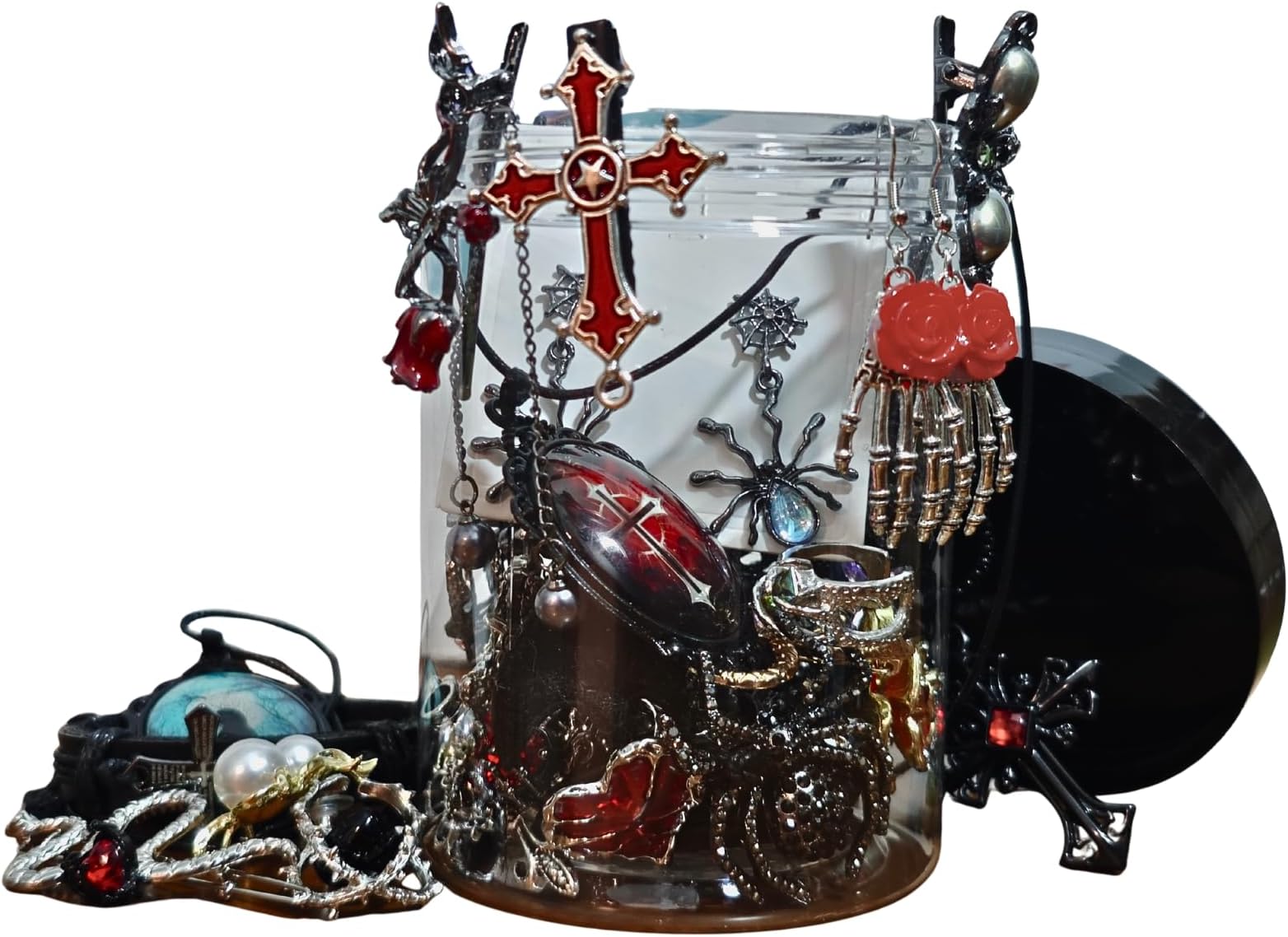 Mystery Jewelry Jar 35 PCS Gothic Jewelry Set Halloween Surprise Jewelry Box Includes Witchcraft Vampire Necklaces, Earrings, Rings, Bracelets, Waist Chain and Brooch