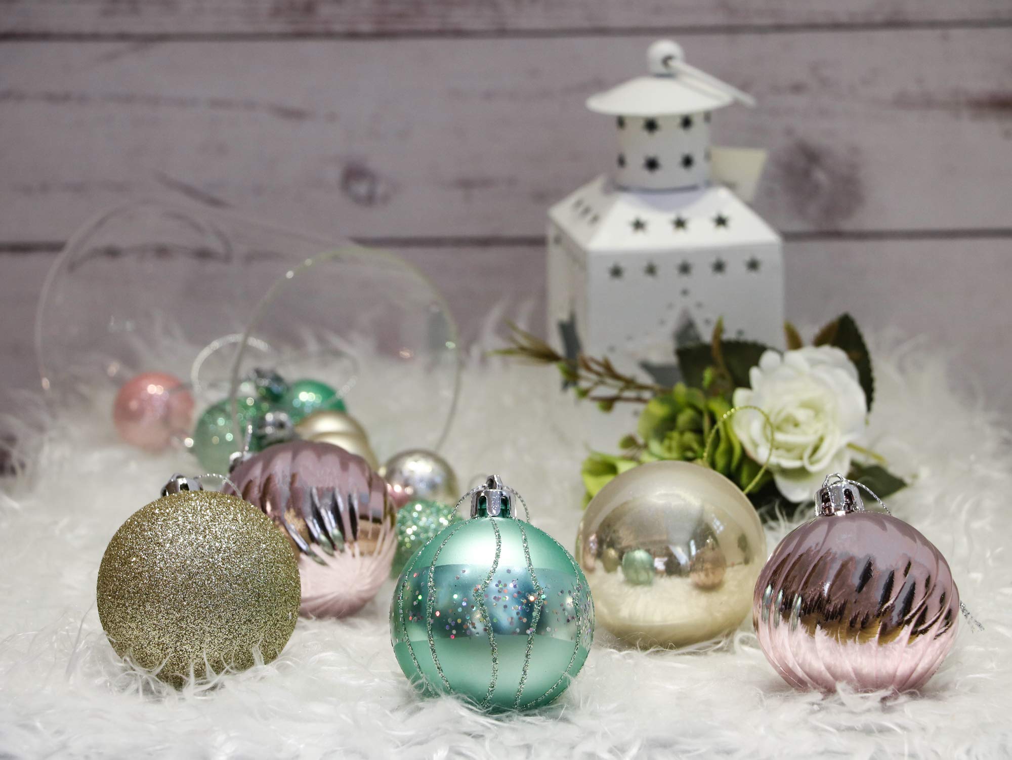 Valery Madelyn Weihnachtskugeln 30 Stücke 6CM Kunststoff Christbaumkugeln Weihnachtsdeko mit Aufhänger für Weihnachten Dekoration Eleganter Palast Thema Mintgrün Rosa Gold