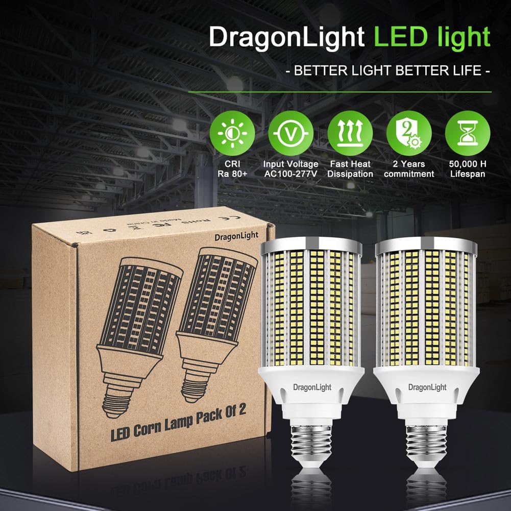 DragonLight 50W Super brillante luz de maíz bombillas LED (reemplaza 400Watt) - E27 Edison 6000K Cool White 5000LM para la iluminación comercial - Garaje Taller Oficina Patio (Pack de 2)