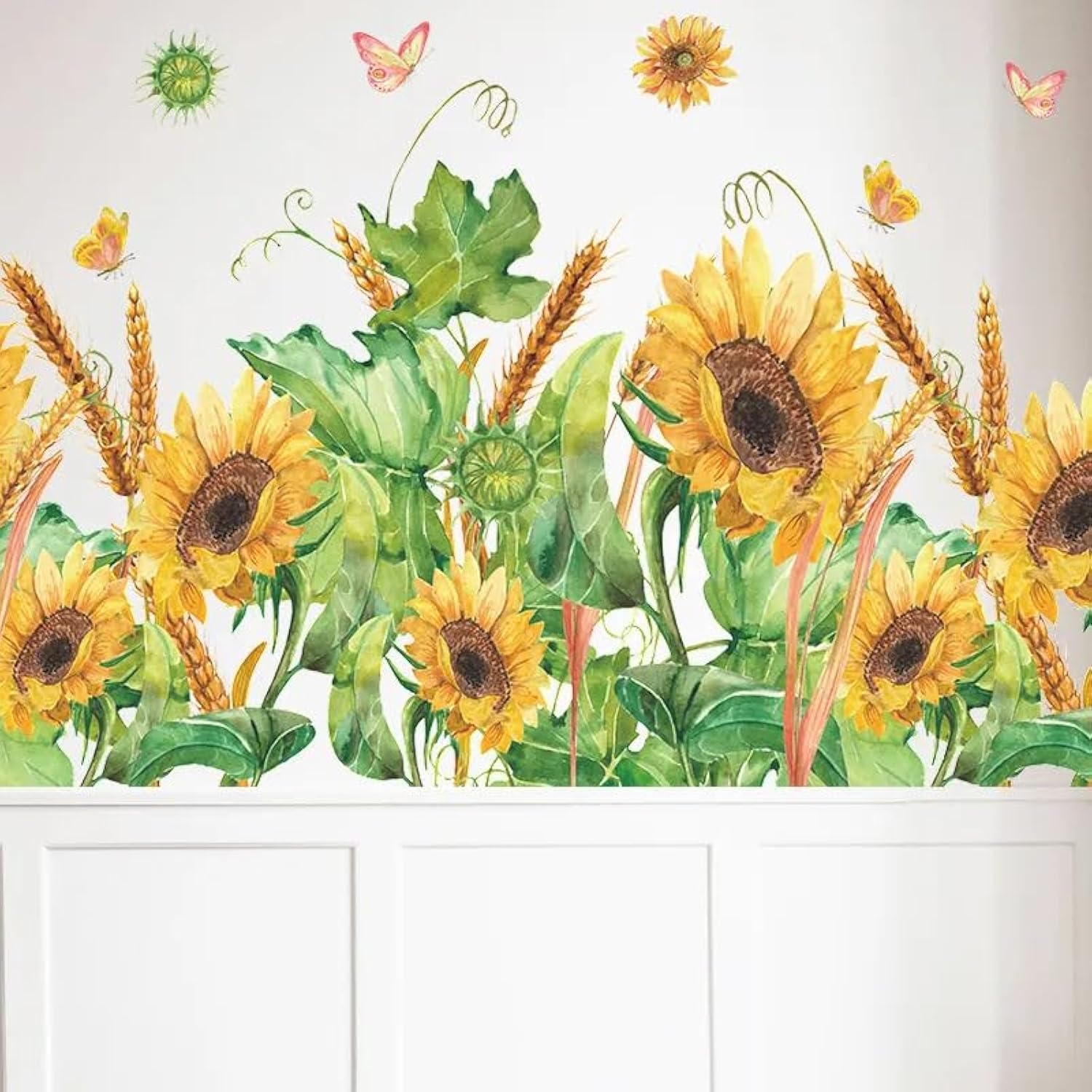 SICKER UNIVERSE 10x55 Inch Set - SunFlower Daisies Butterflies themed Floral Wall Decals for Decor, Self Adhesive Vinyl for Home Decor for Nursery, Home-Gift for Christmas, Birthday (Floral Design #4)