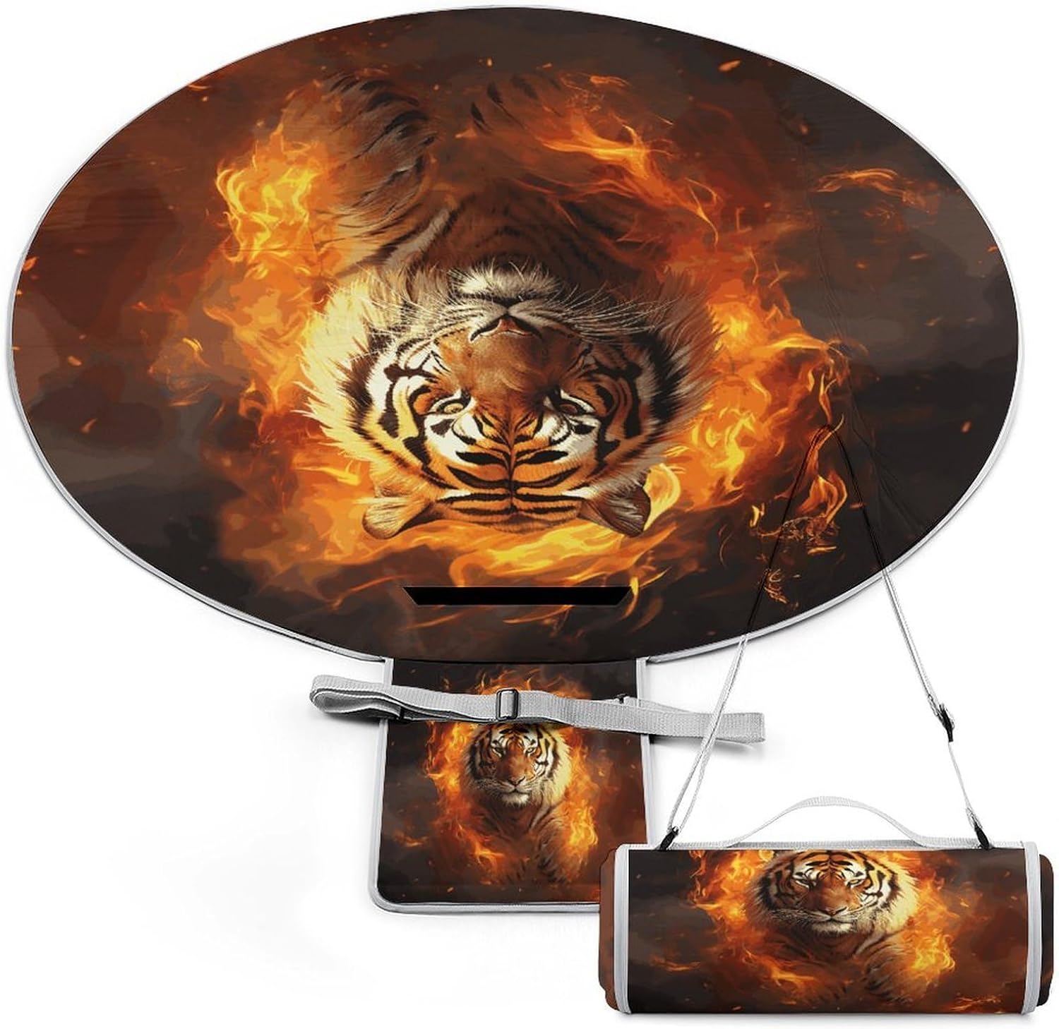 Cool Tiger in Flame Picnic Mat Lightweight Waterproof Picnic Blankets Extra Large Picnic Outdoor Blankets Foldable Sandproof Beach Blanket for Park Beach Camping Courtyard 58.3''x58.3''