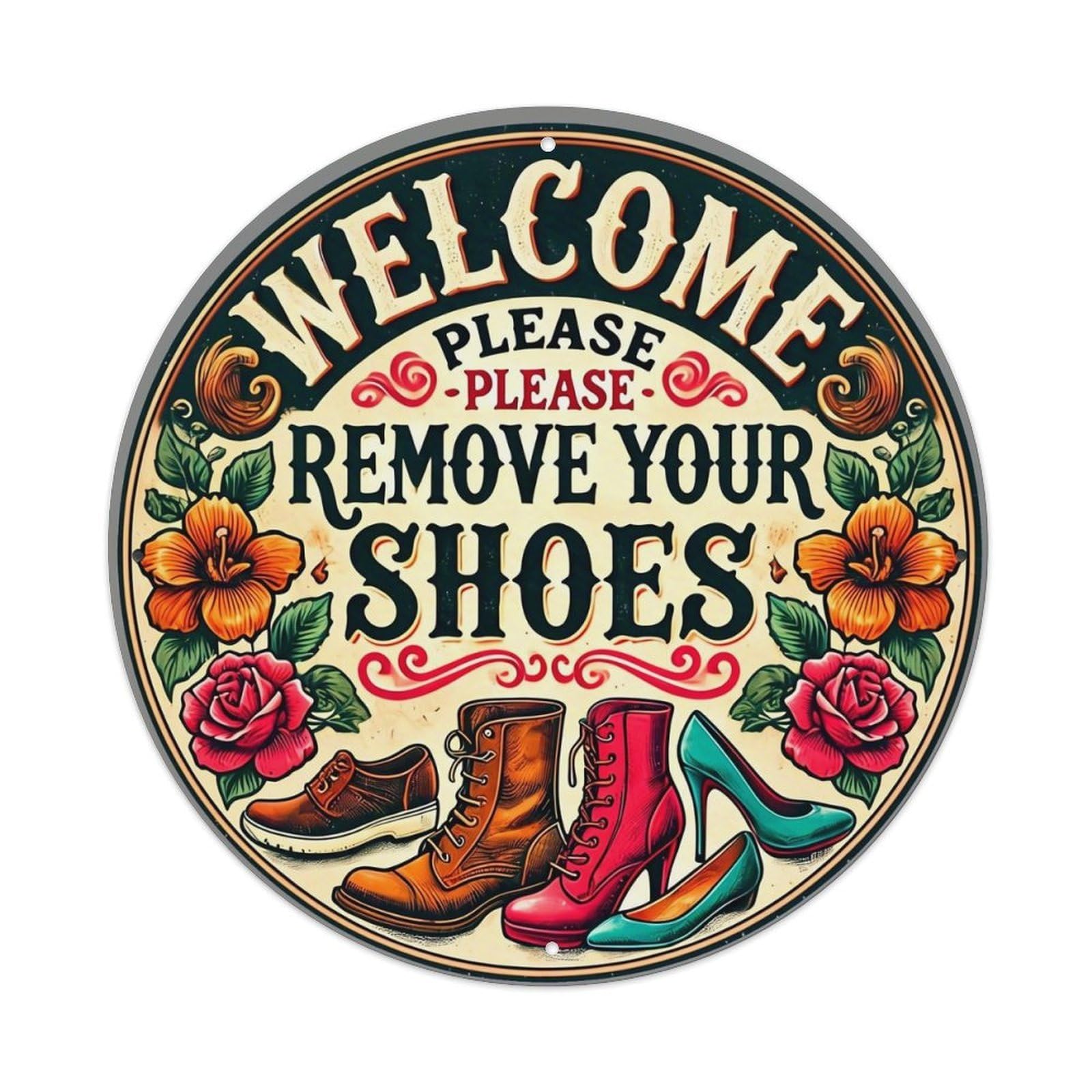 Jdyaojiesheng Vintage Welcome Please Remove Your Shoes Round Tin Sign Retro Metal Wall Decor Metal Poster, Home Bar Garage Farmhouse Cafe Wall Art Decoration 8X8inch