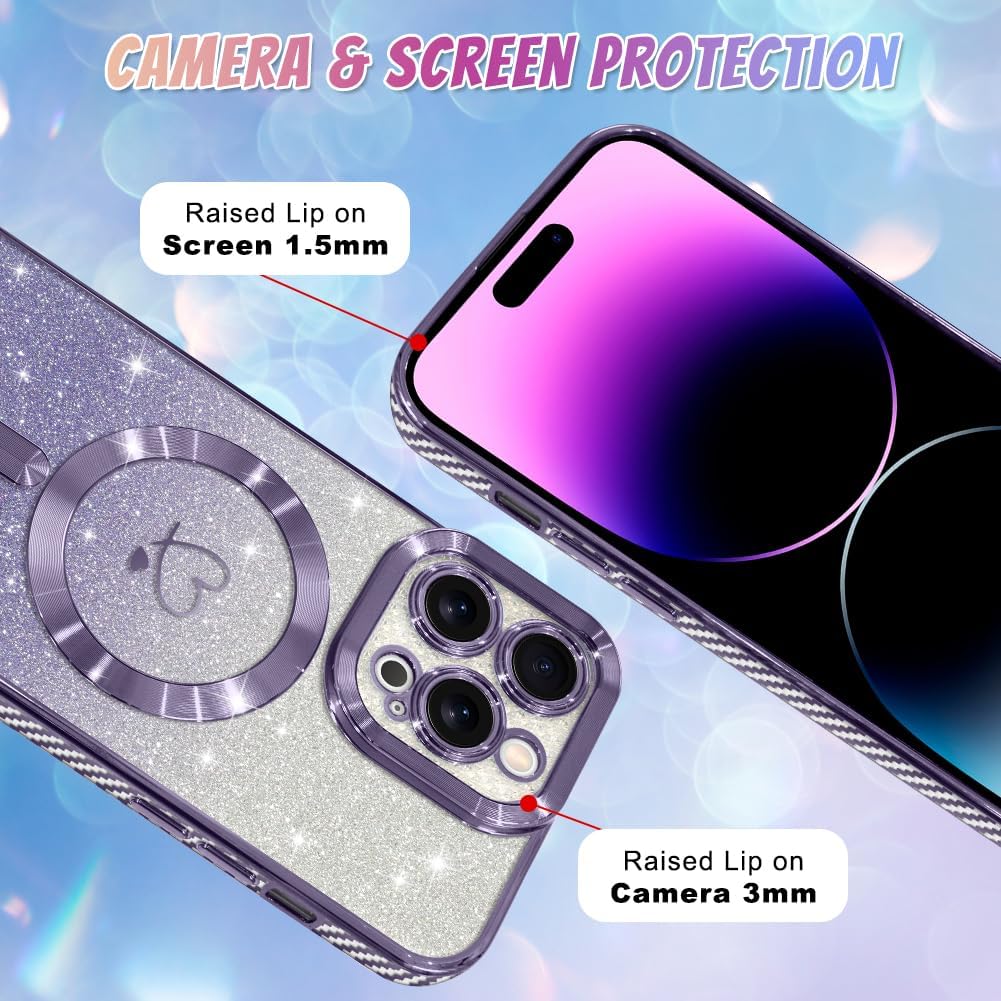 Bonoma Compatible with iPhone 14 Pro Max Case Support for MagSafe, Plating Heart Glitter Magnetic Case 2* Screen Protector TPU Camera Protection Back Cover for Girls Women -Purple - Image 4