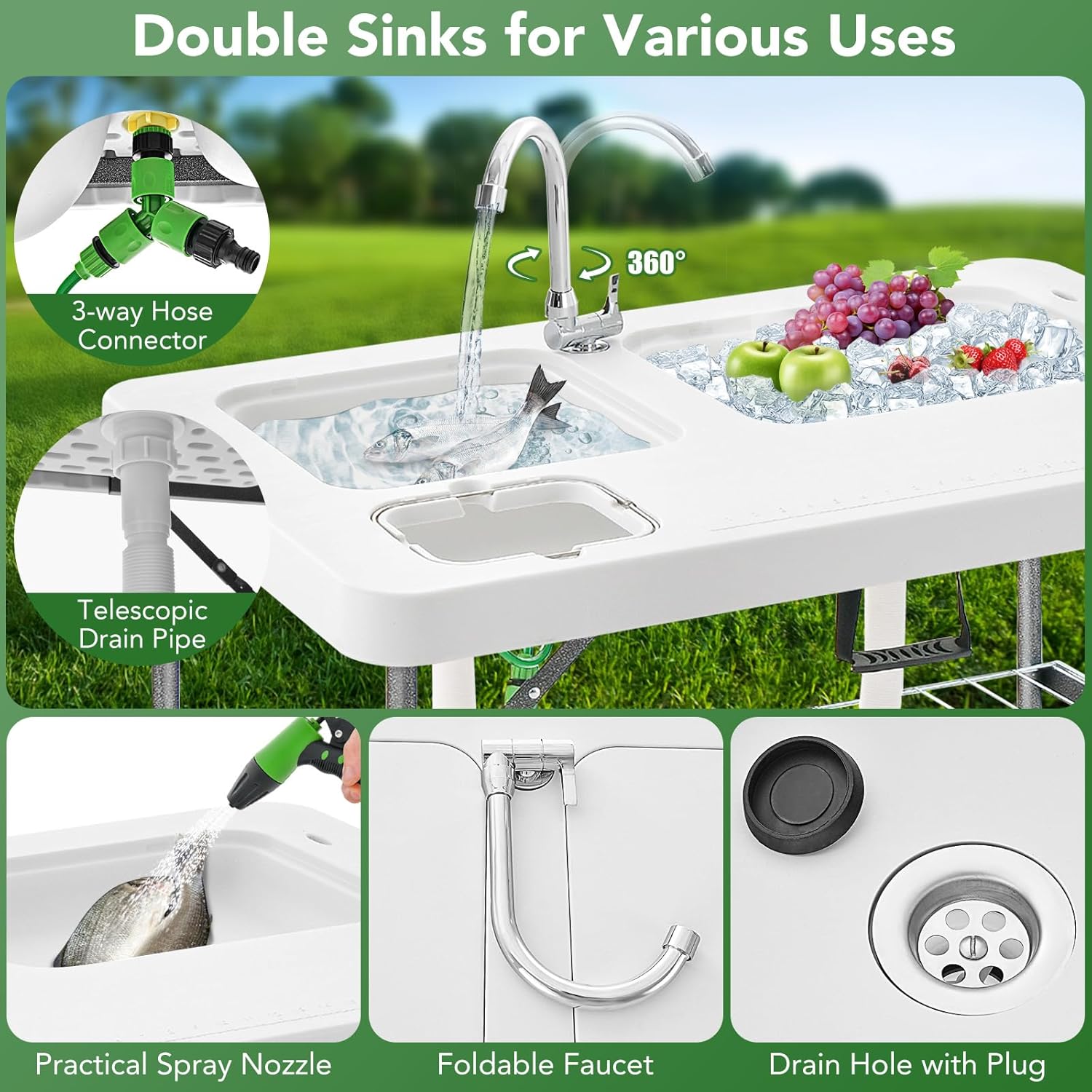 GYMAX Fish Cleaning Table with 2 Sinks, Folding Fish Fillet Cleaning Station with Faucet, Drainage Hoses & Sprayer, Portable Camping Table with Storage for Fishing, Picnic