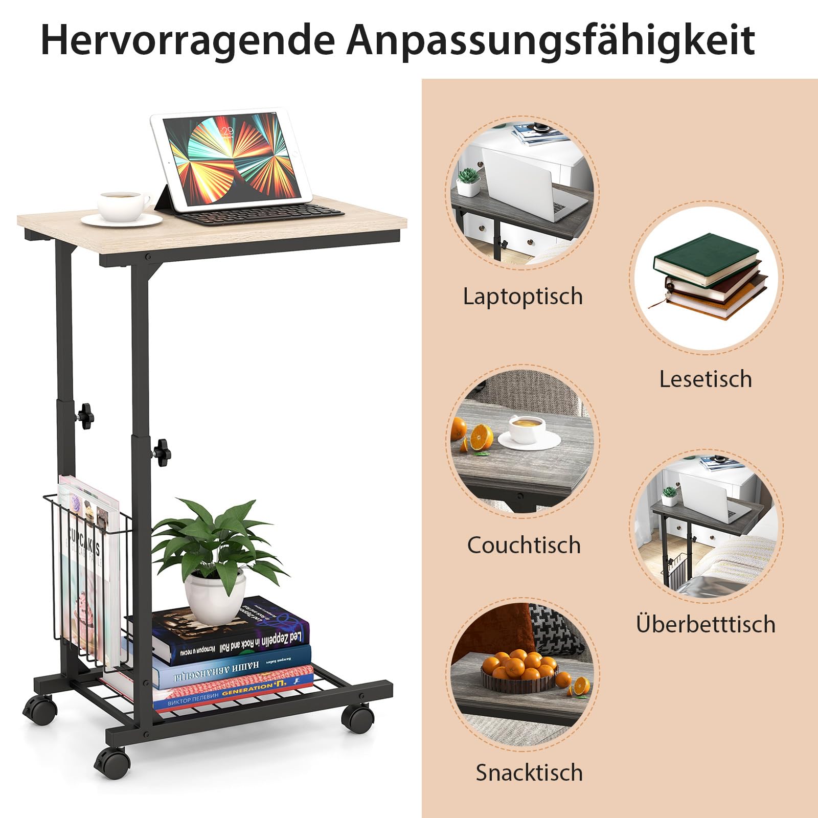 COSTWAY Stolik pomocniczy na kółkach, stolik do laptopa z regulacją wysokości, z koszem do przechowywania, stolik kawowy w kształcie litery C, stolik na łóżko, industrialny, metalowa rama, 50 x 30 x