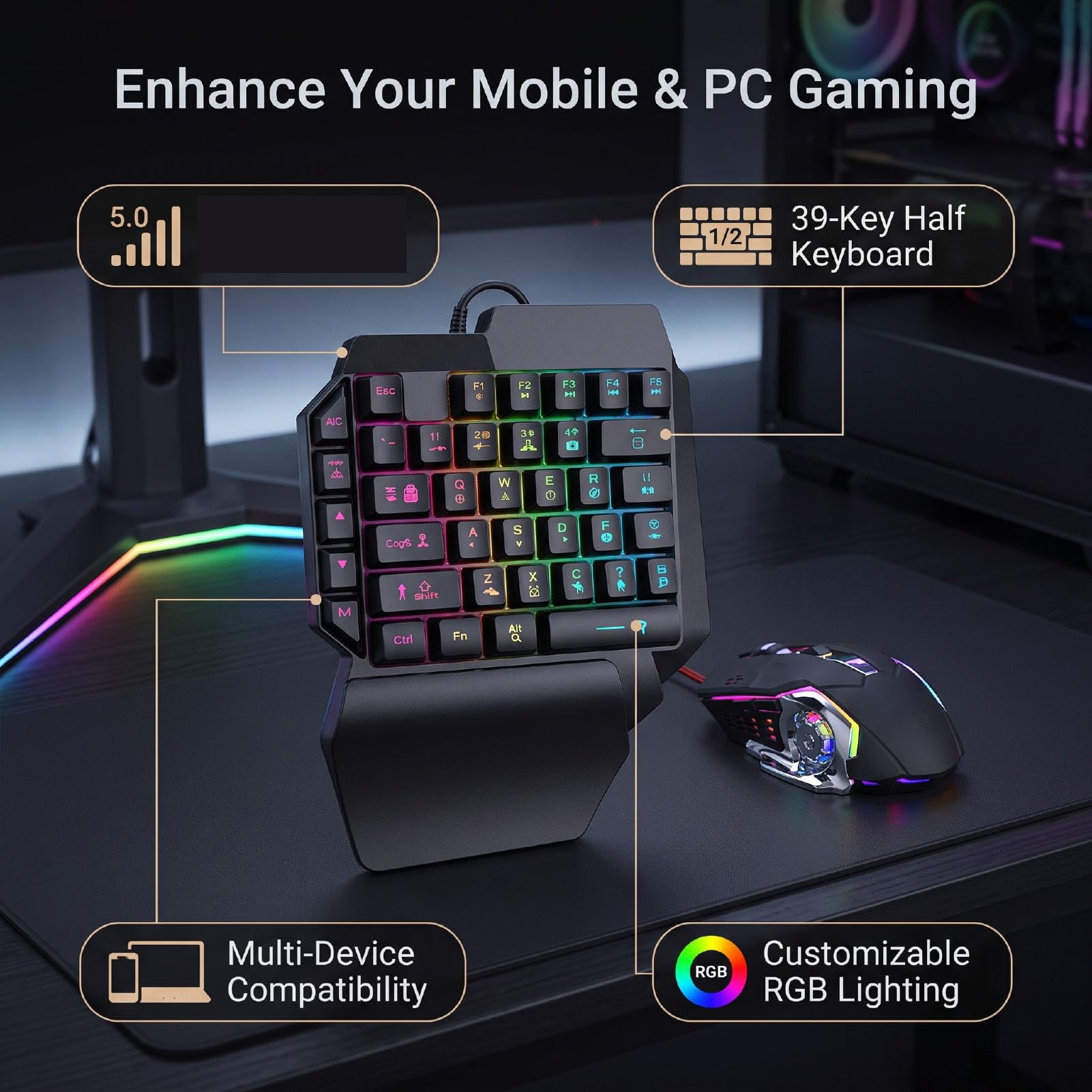 Annadue Combo de Teclado y Mouse para Juegos RGB con una Mano