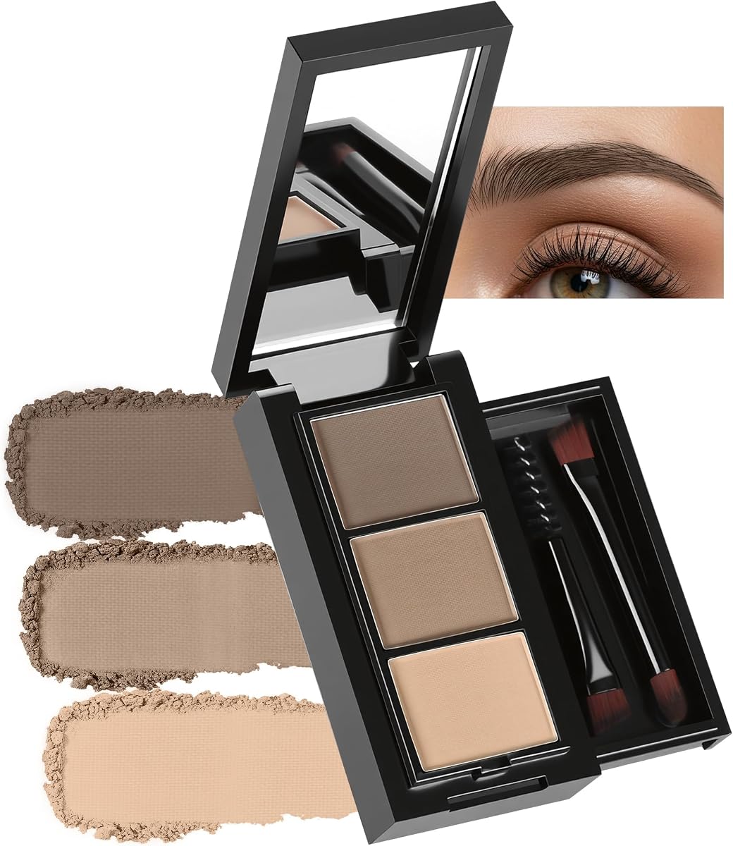 Eyebrow Powder Light Medium Brown Kit for Women With Mirror&Brow Brush，Long-Lasting 3 Colors Matte Eye Brow Powder Makeup Palette，Fill & Sculpt for Full, Defined Natural Brows，Travel-Friendly ，01