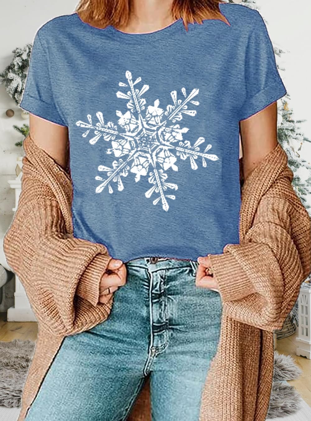 Laibao Christmas Shirts for Women Cute Snowflake Snow Graphic Xmas Tees Merry Christmas Tops Winter - Image 3