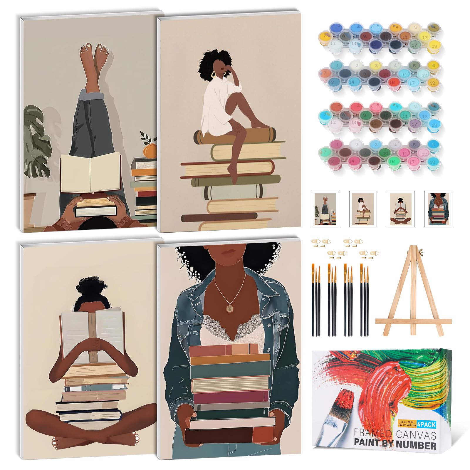 GEEHEIY 4 Pack Paint by Numbers for Adults with Frame, Book Painting Kit