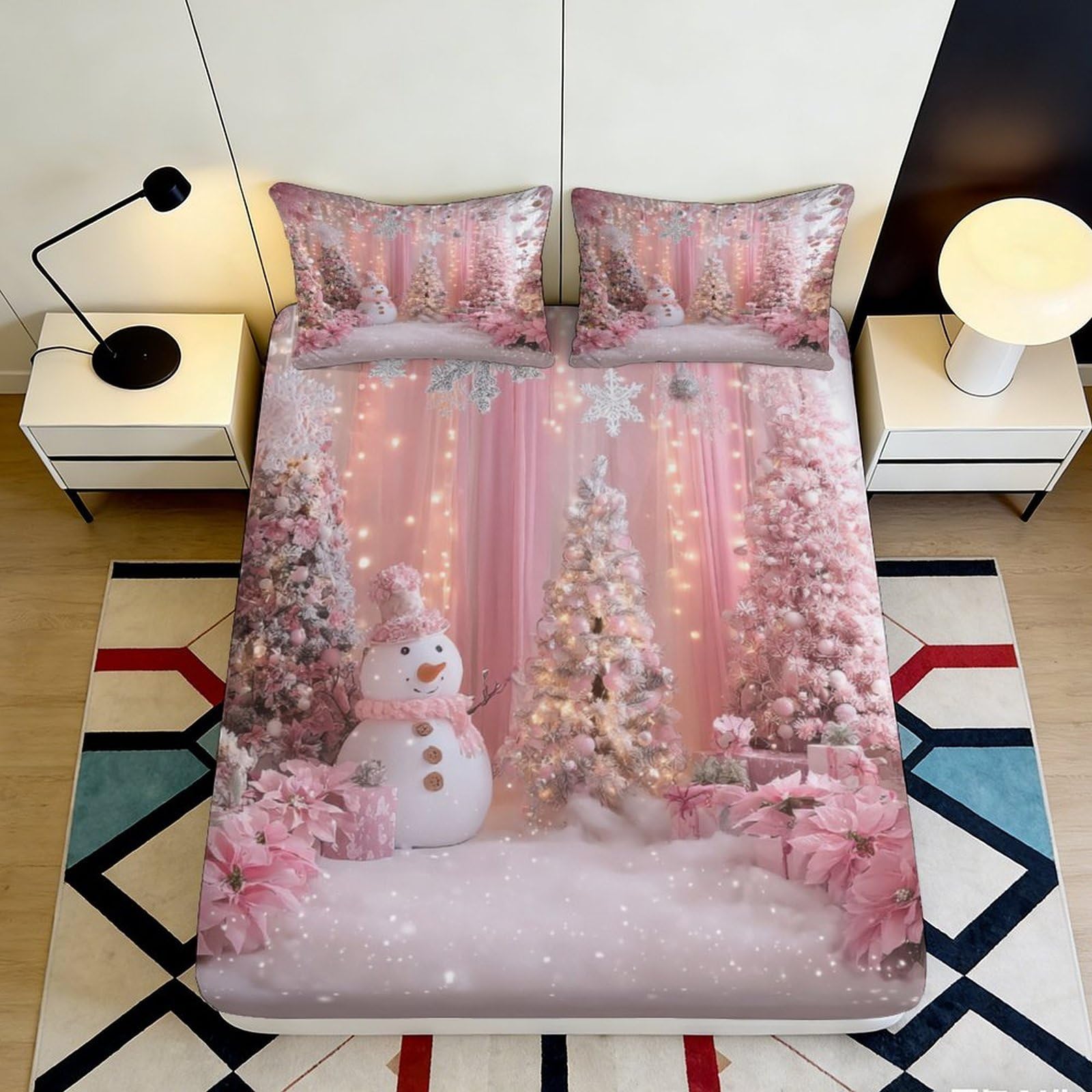 Uxinyoume Style-4 3D Printed Pink Christmas Snowman Fitted Sheet Microfiber Winter Tree Bed Cover For Bedroom Guest Room 90X200x25cm