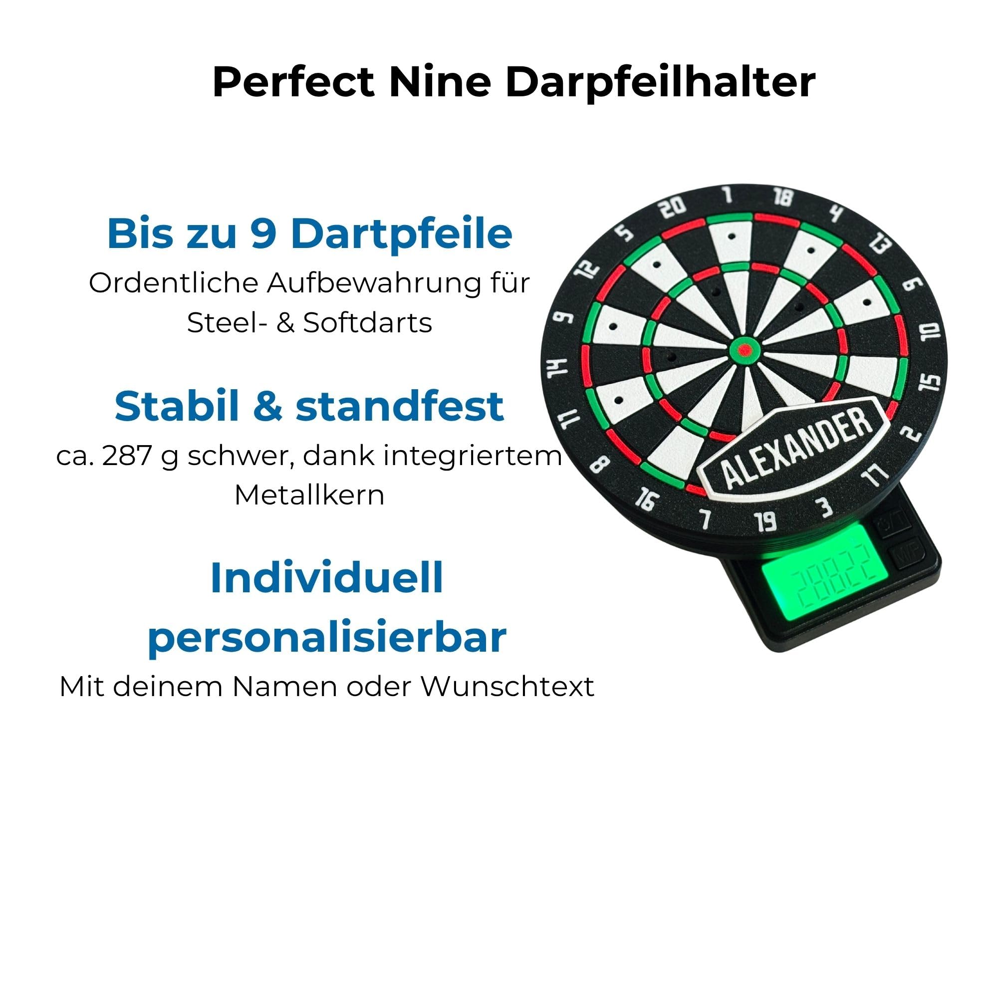 Dartpfeilhalter Perfect Nine – personalisierter Dartständer für 9 Dartpfeile, Steel- & Softdart Halter im Dartscheiben-Look, Dart Zubehör Geschenk für Dartfans