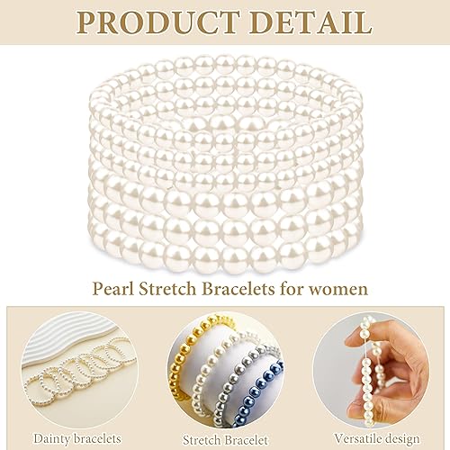 Miniatura 3 de 6 pcs Pearl Bracelet Set, Dainty Pearl Bracelets for Women Stackable, Stretch Beaded Bracelets Elastic, Trendy Jewelry Gift for Women Girls Wedding