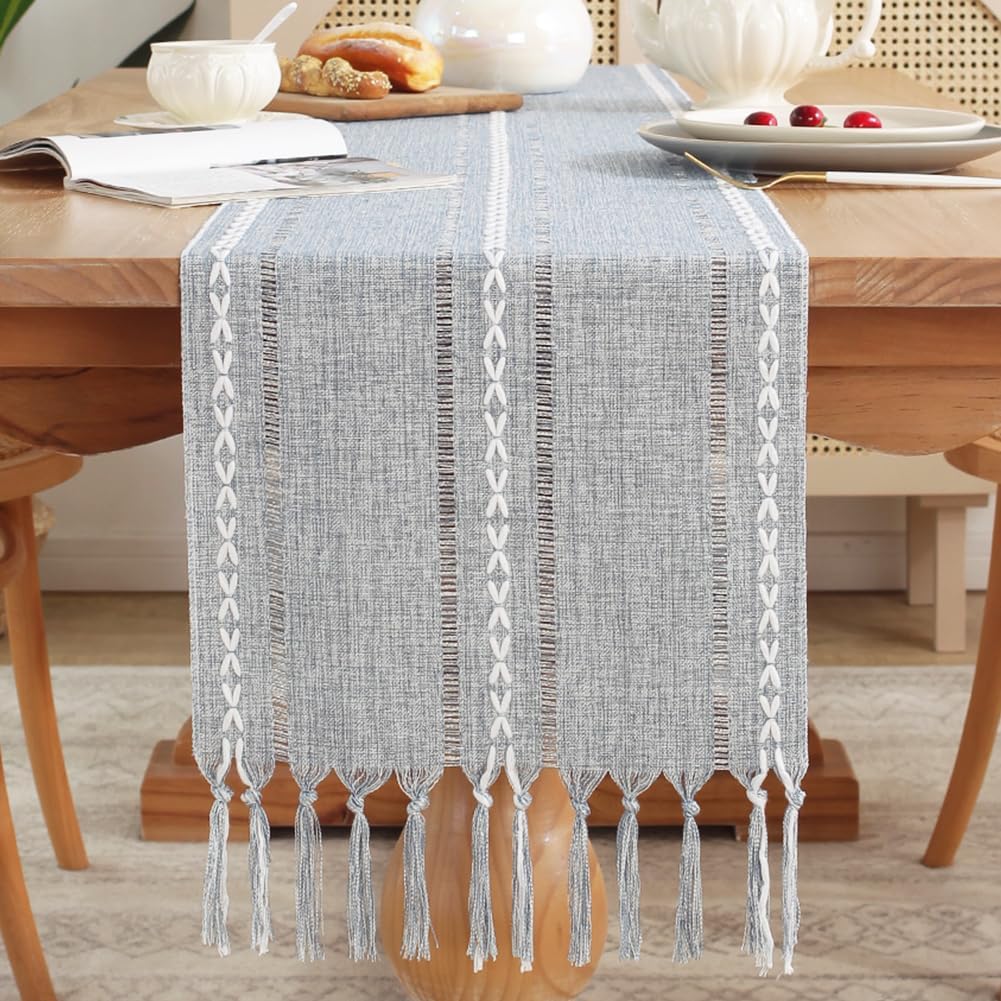 Grey rustic cotton linen braided table runner with tassels