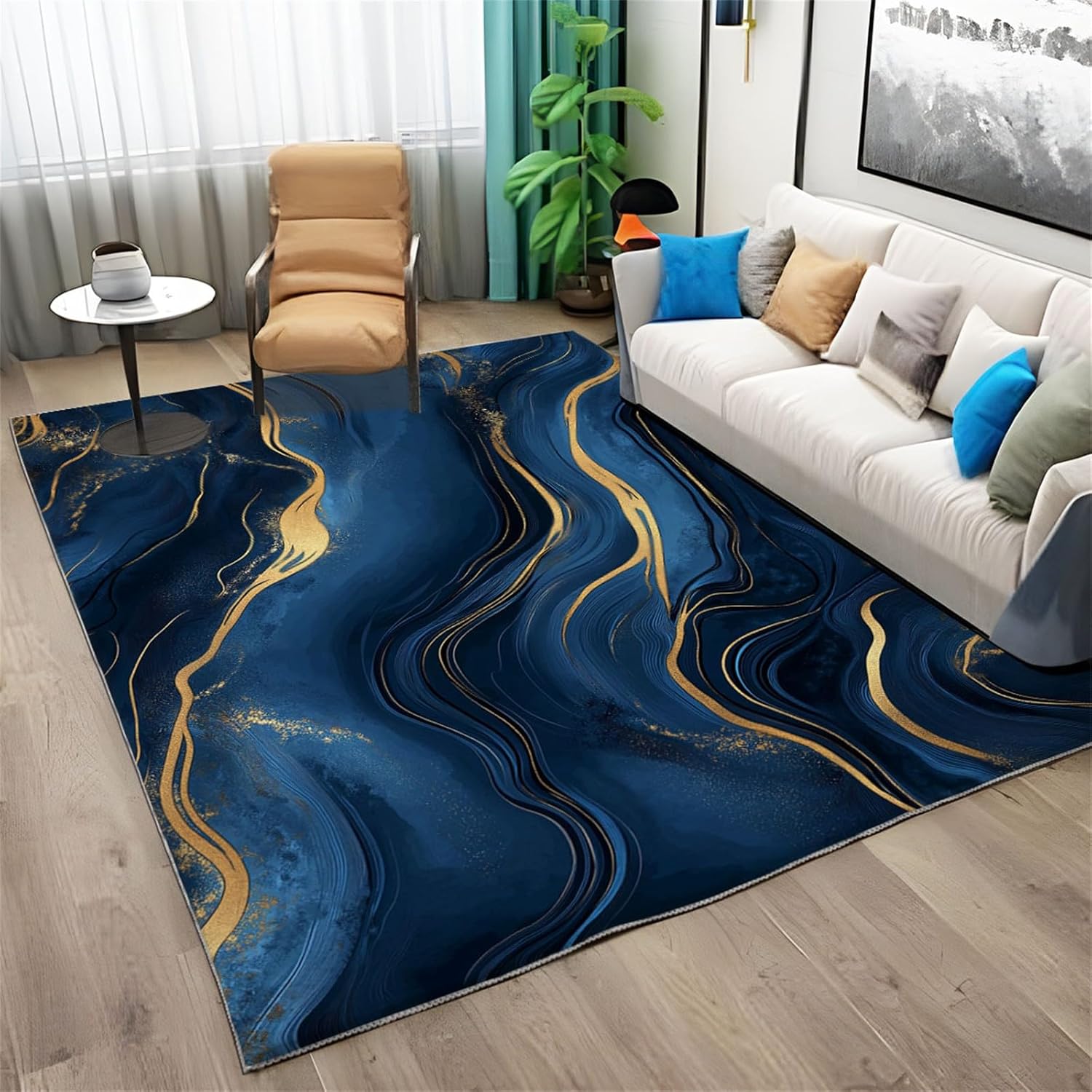 Washable Kids Aldult Area Rugs, Dark Blue and Gold Abstract Marble Rug, for Room Sofa Living Room Mat Office Bedroom Home Decor Floor Mats, 6ft x 9ft