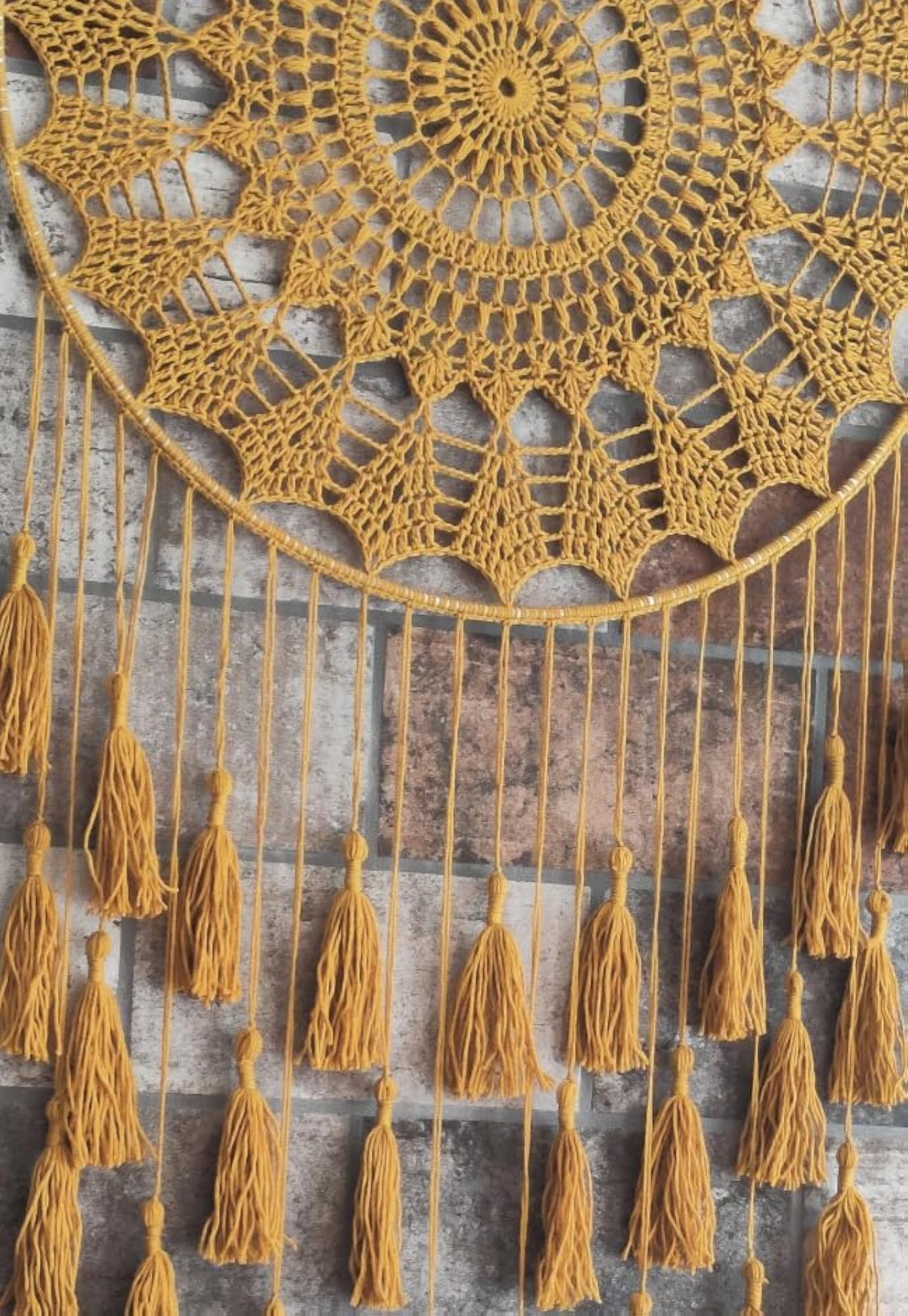 Crochet Mustard Dream Catcher, Boho Style Wall Hanging