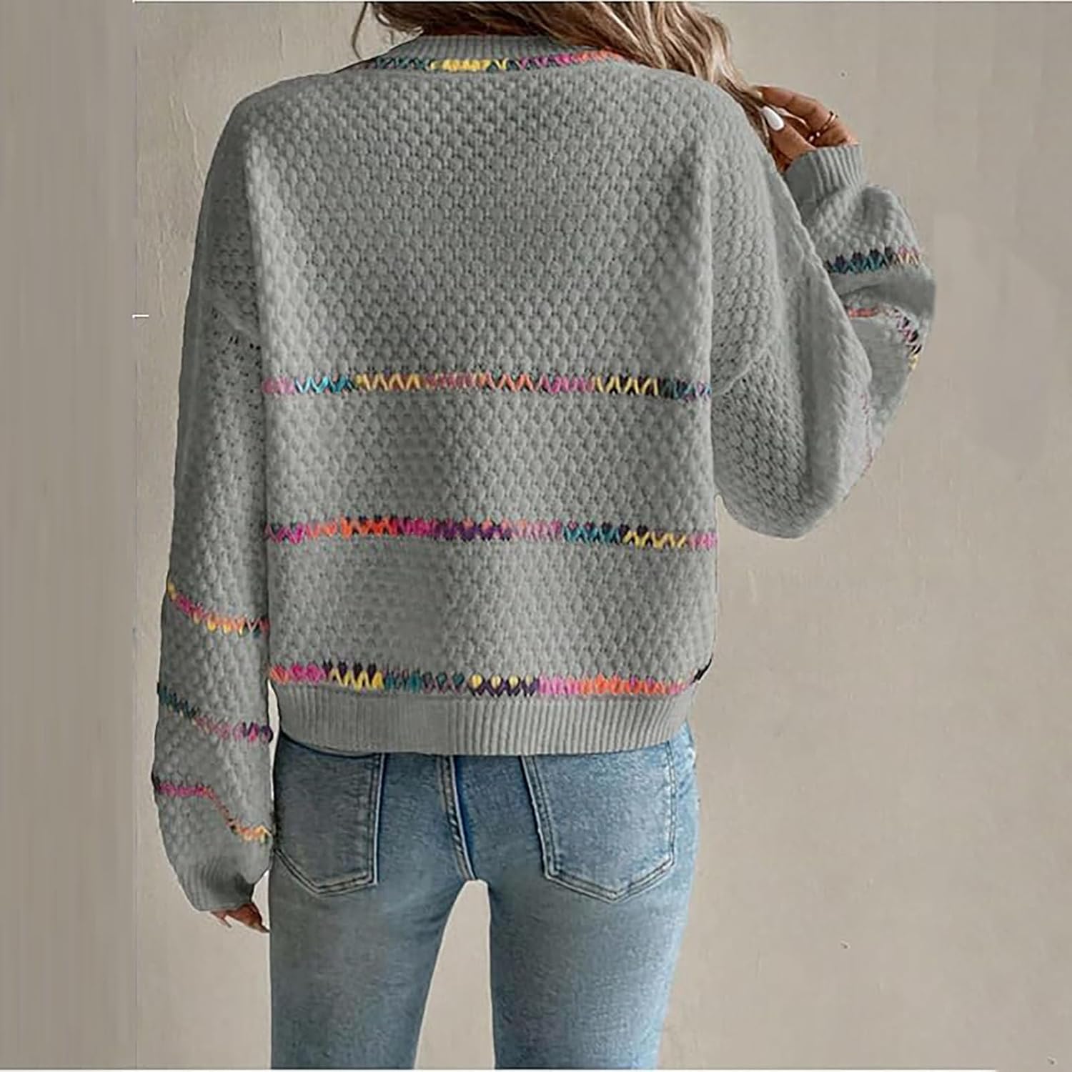 Womens Fall Sweaters Oversized Pullover V Neck Stripe Long Sleeve Drop Shoulder Knit Top Loose Rainbow Chunky Top - Image 6
