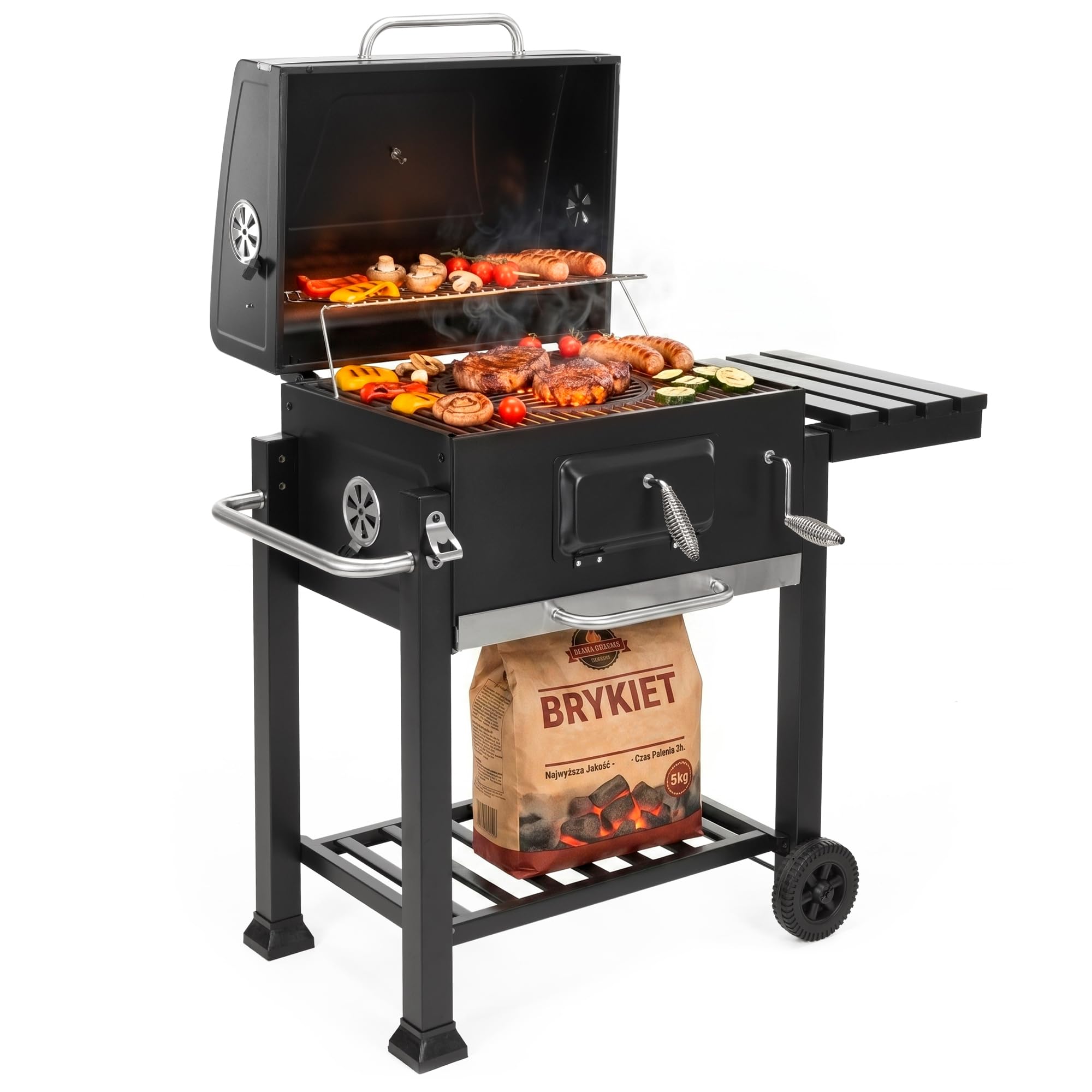 Grill na węgiel drzewny, grill na kółkach, z pokrywką, termometr, ruszt na węgiel drzewny, z półkami, otwieraczem do butelek, kółkami, na kemping SPRINGOS