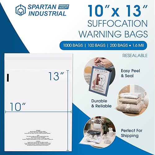 Miniatura 2 de Spartan Industrial - Bolsas de polietileno transparente autosellantes de 10 x 13 pulgadas (200 unidades) con advertencia de asfixia para embalaje,