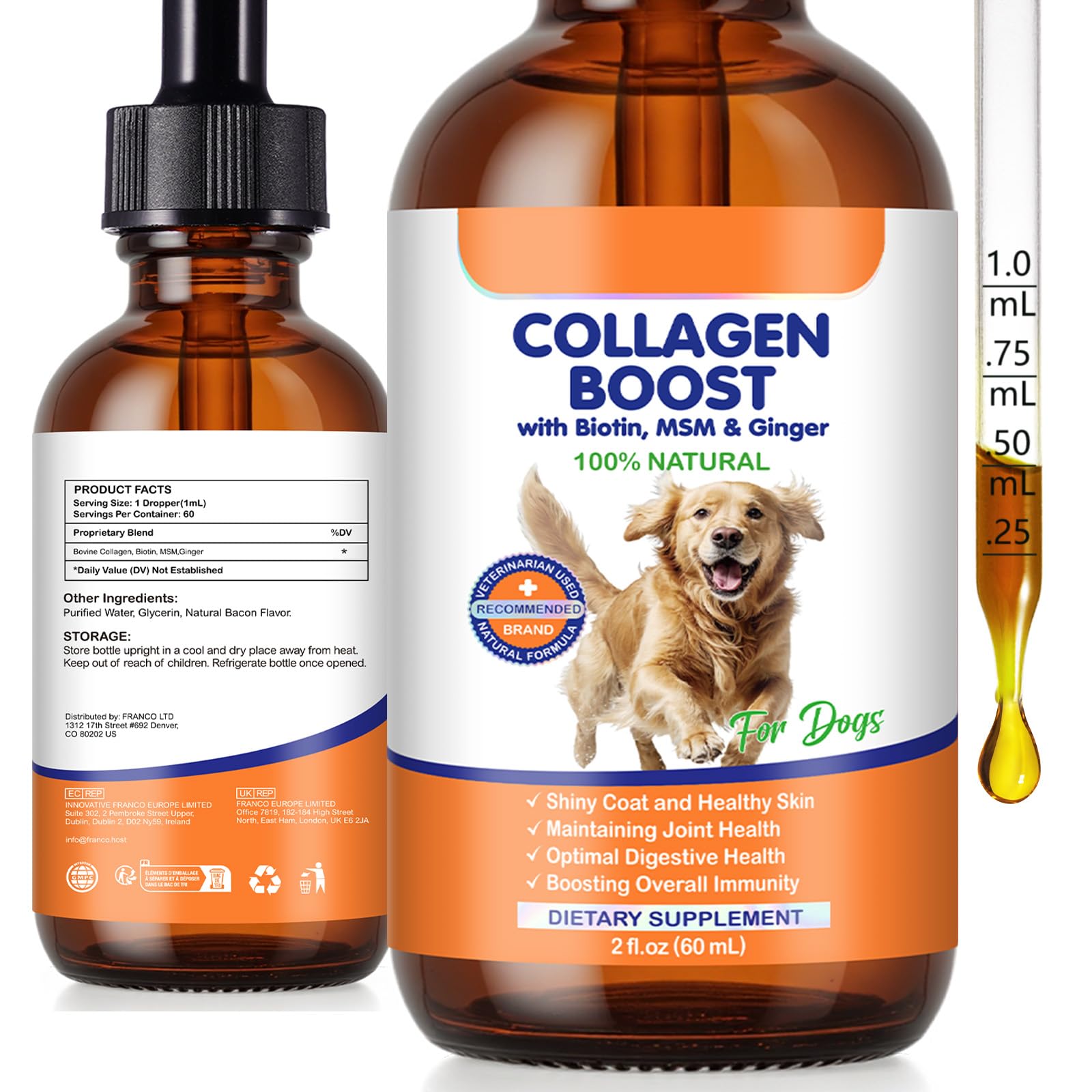 Collagen for Dogs 60ml Liquid Dog Collagen Drops Liquid Collagens for Dogs Joints Skin Coat Support Dog Itchy