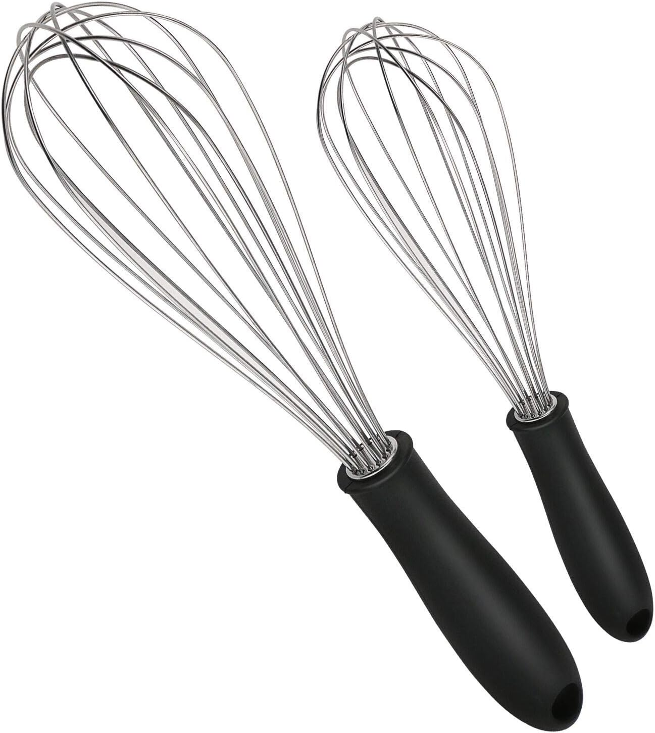 WisFox Stainless Steel Whisk Kitchen Whisk with Silicone Handle Kitchen Wire Balloon Whisk Milk Egg Frother Beater Blender, Kitchen Utensils for Blending Stirring - Set of 2 10inch&12inch