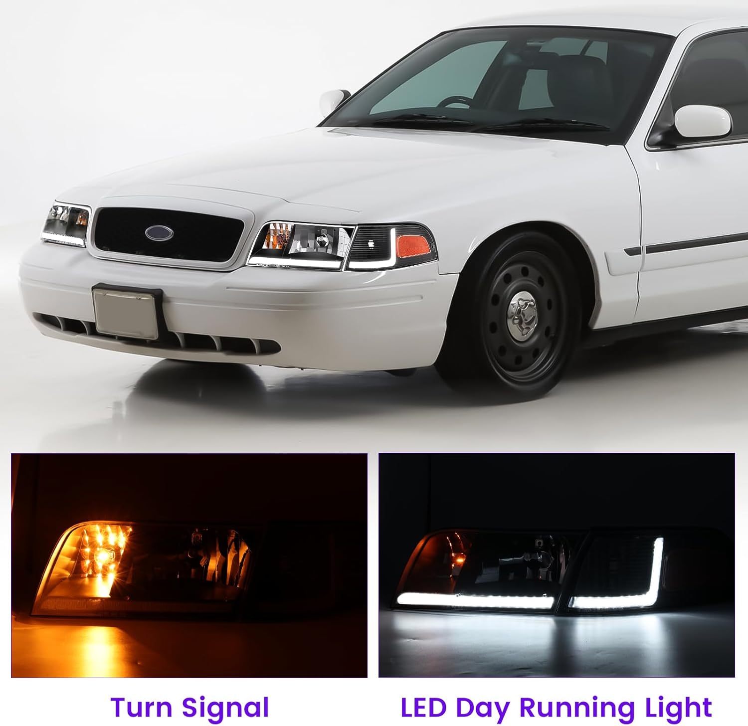 Headlight Assembly LED DRL Compatible with 1998-2011 Ford Crown Victoria 98-11 Ford Crown Victoria w/Corner Headlamp (Black Housing Amber Reflector, A)