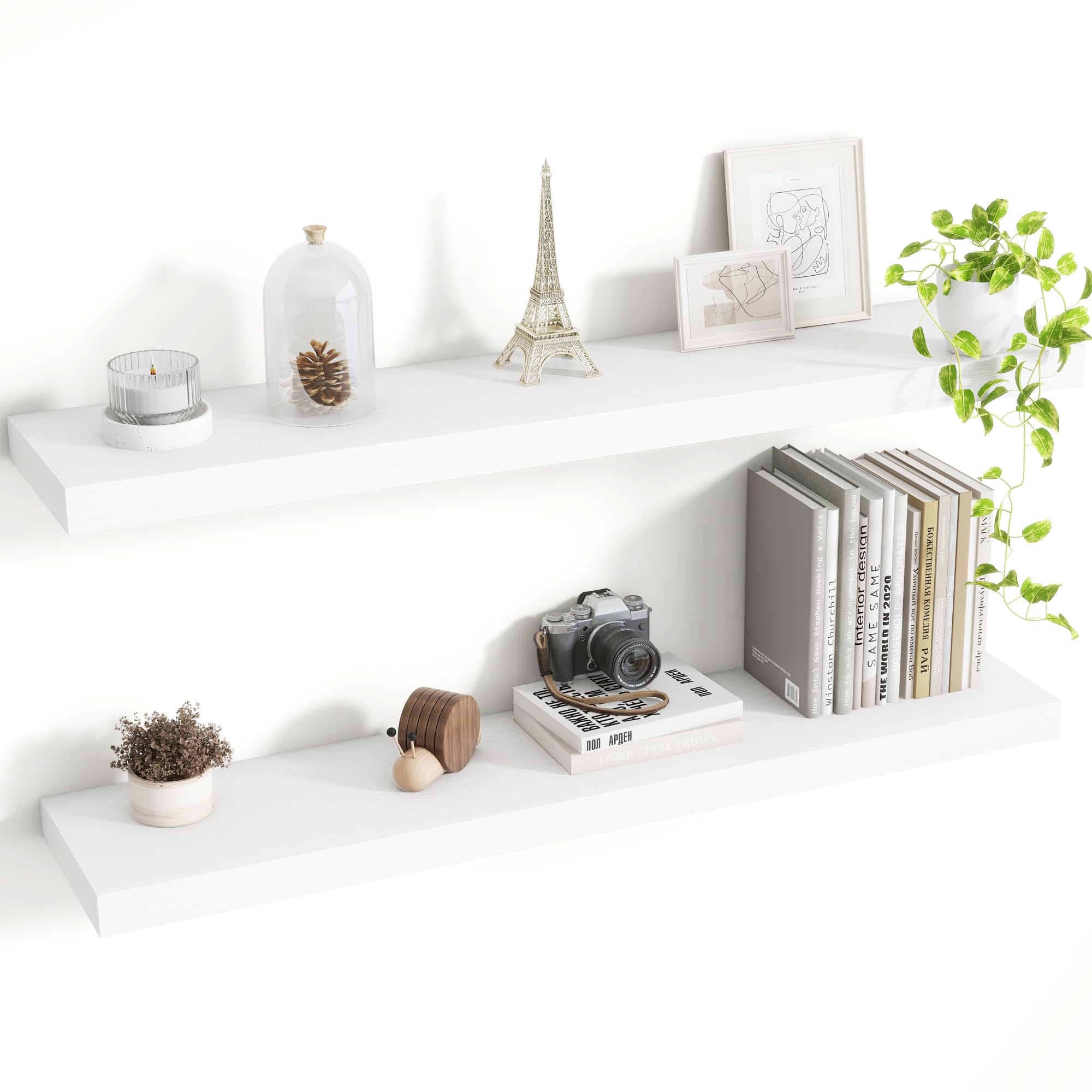 Acovy 36 Inch Floating Shelves, 8 Inch Deep Floating Shelves for Wall, Hanging Shelf with Invisible Brackets, Deep Shelves for Bathroom, Bedroom, Living Room, White, Set of 2 โ image 1