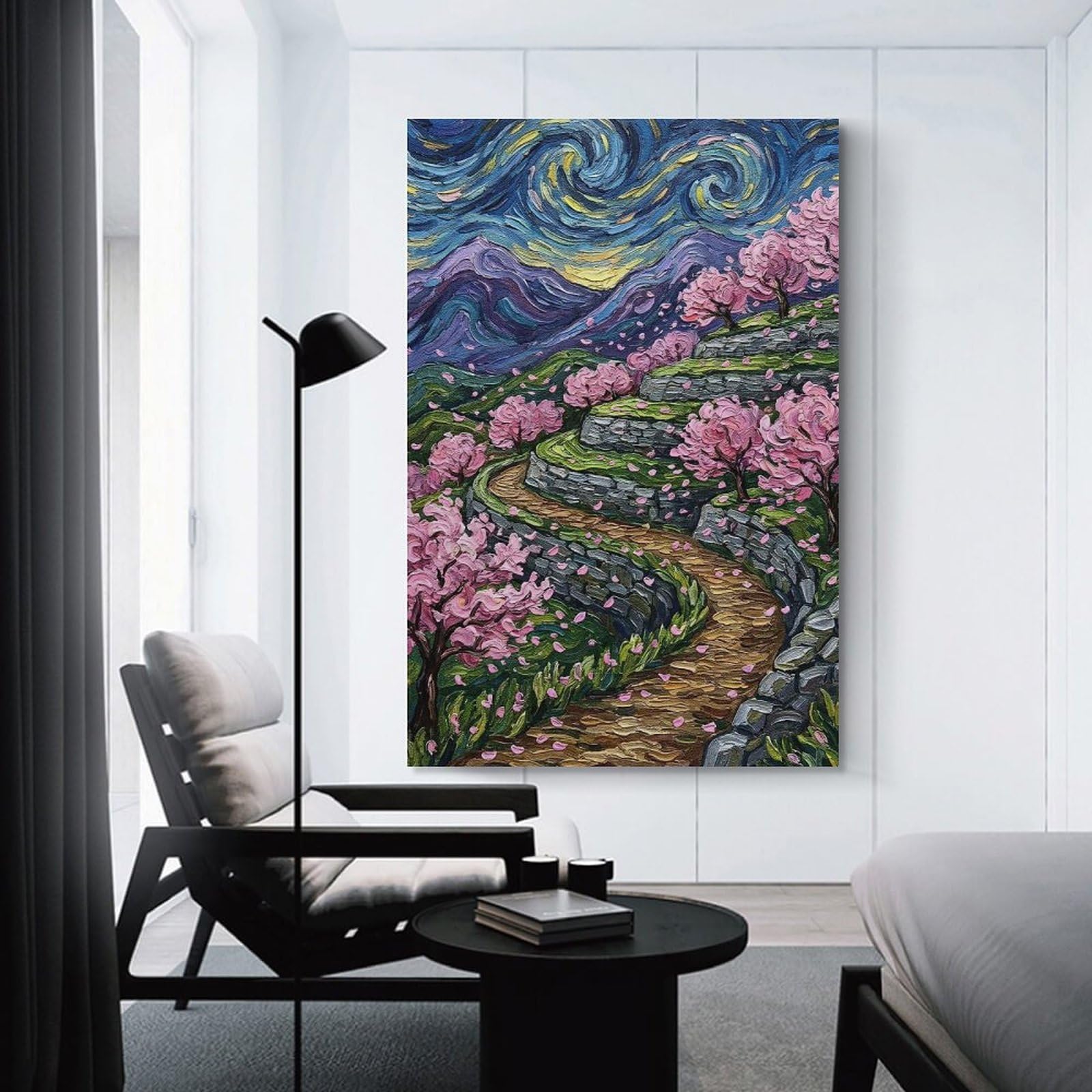 Junmoney Starry Night Cherry Blossom Landscape Room Decor Wall Art 24x36inch(60x90cm), for Bedroom Walls, Guest Spaces Or Lounges, An Easy Wall Refresh for Bedrooms