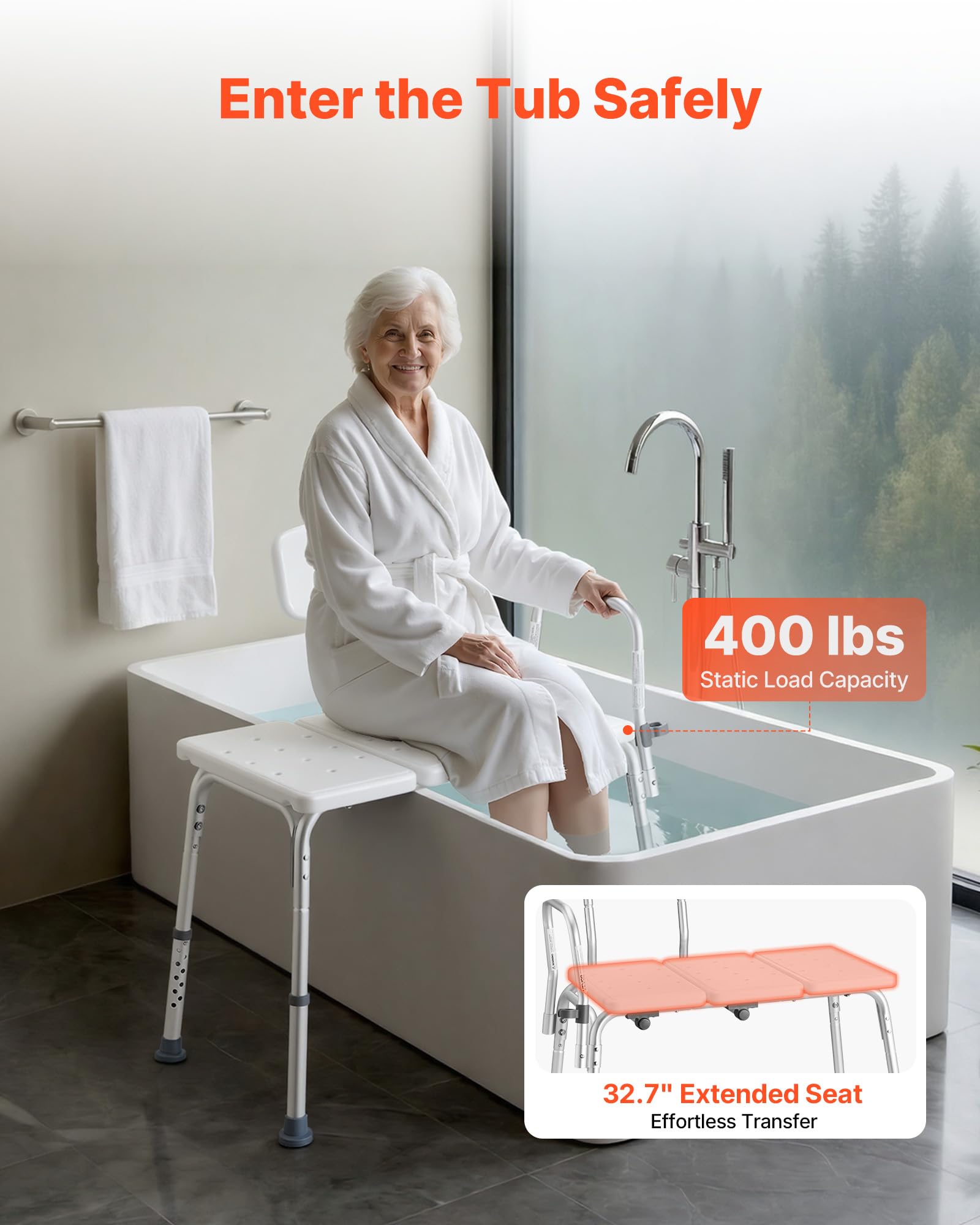VEVOR Panca di Trasferimento per Vasca da Bagno, Sedile da Bagno con Bracciolo Schienale Carico max 180 kg, Panca per Trasferimento di 830 x 600 x 890 mm Doccia per Adulti Altezza Regolabile